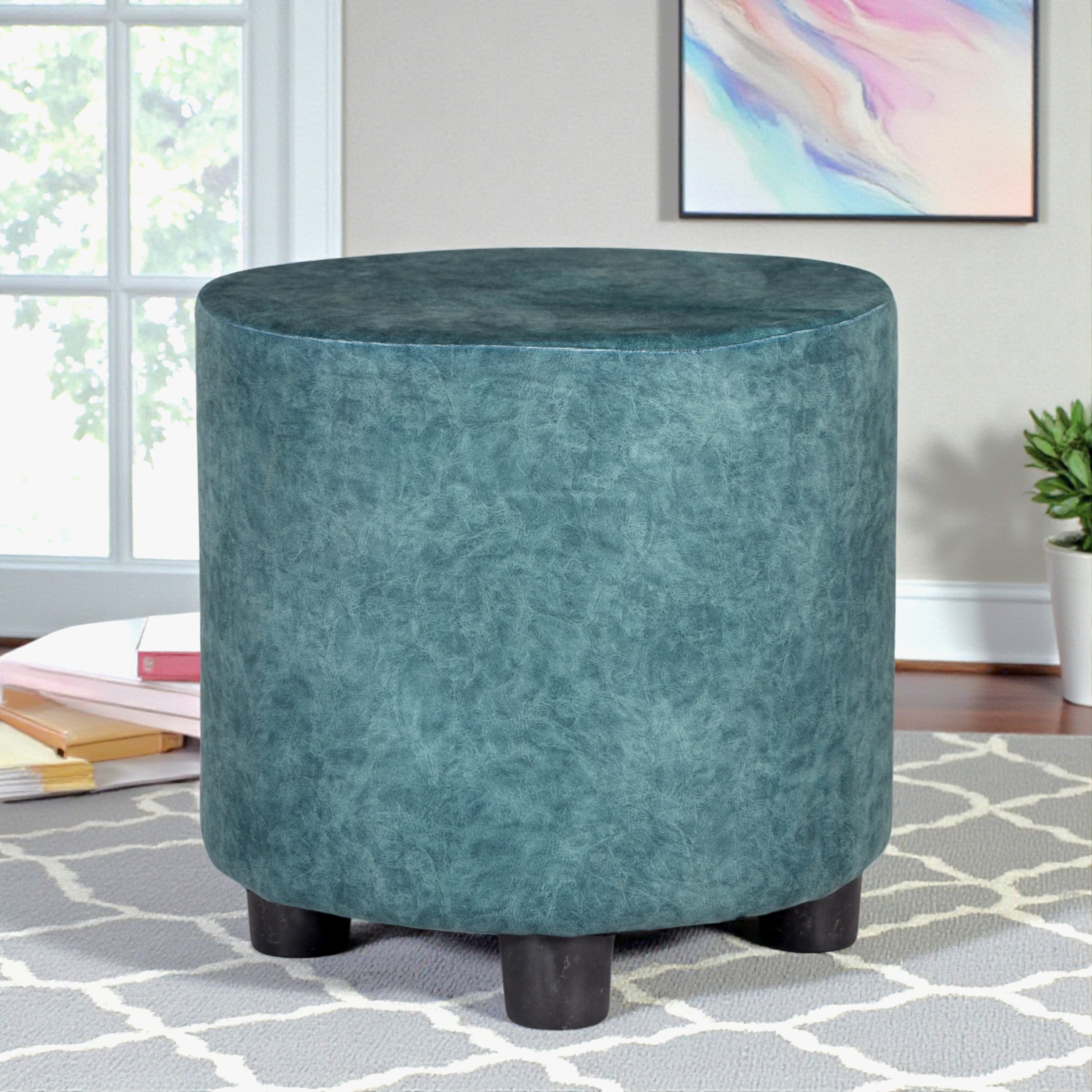Lisbon Solid Wood Ottoman Pouffee in Textured Cyan Blue Jackard fabric