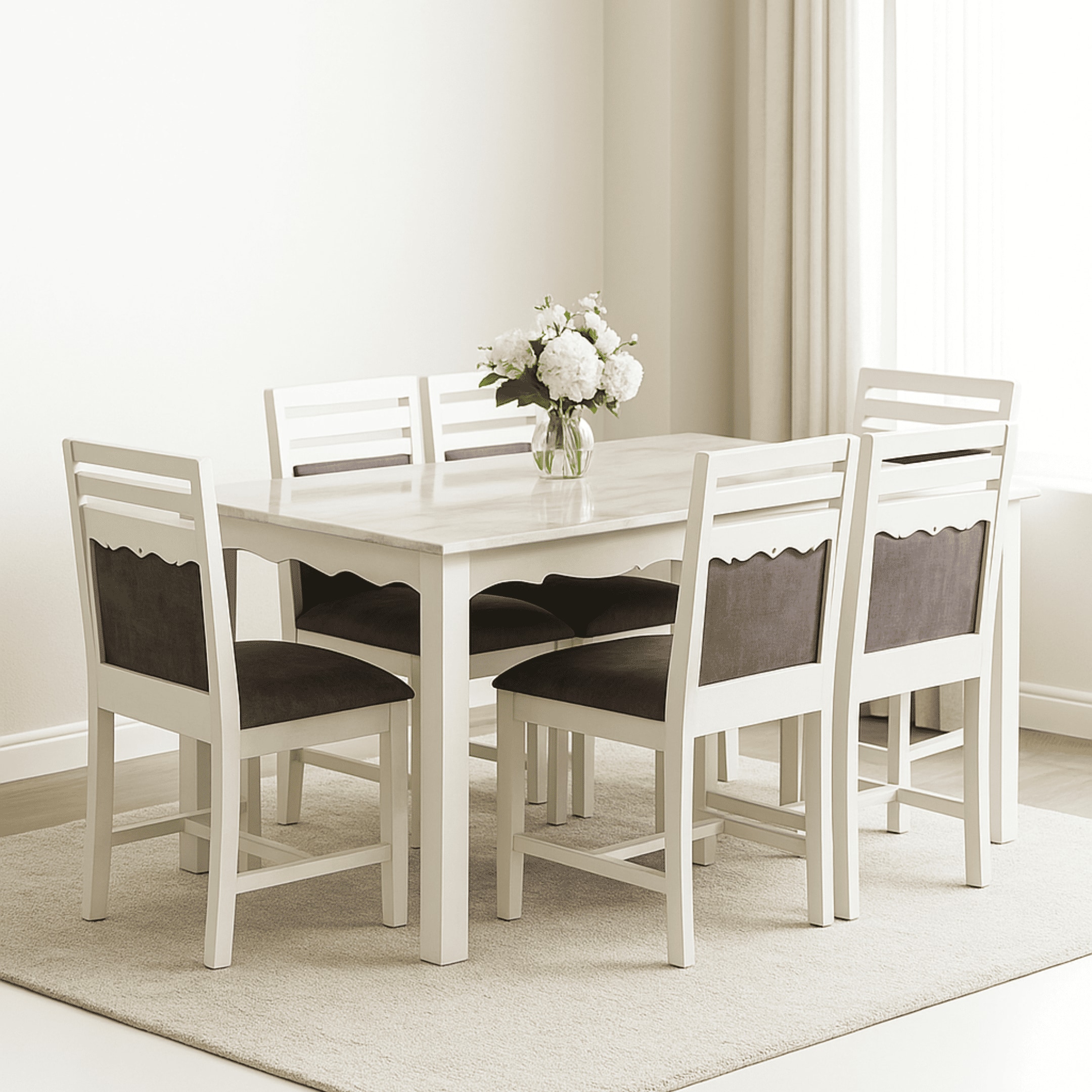 Globally Indian Compact Wooden Dining Table Set For 6 – White Painted Finish With Cushioned Seating