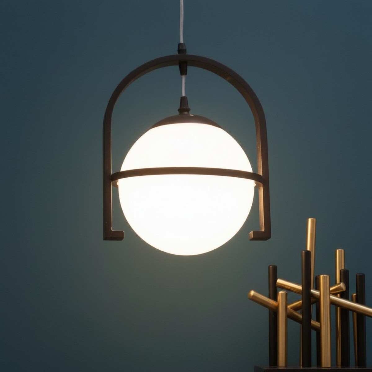 Eliante Hanging Light, White Glass Shade, Mild Steel And Wood, 1 Bulb - Modern Ceiling Pendant Lamp - Eliante