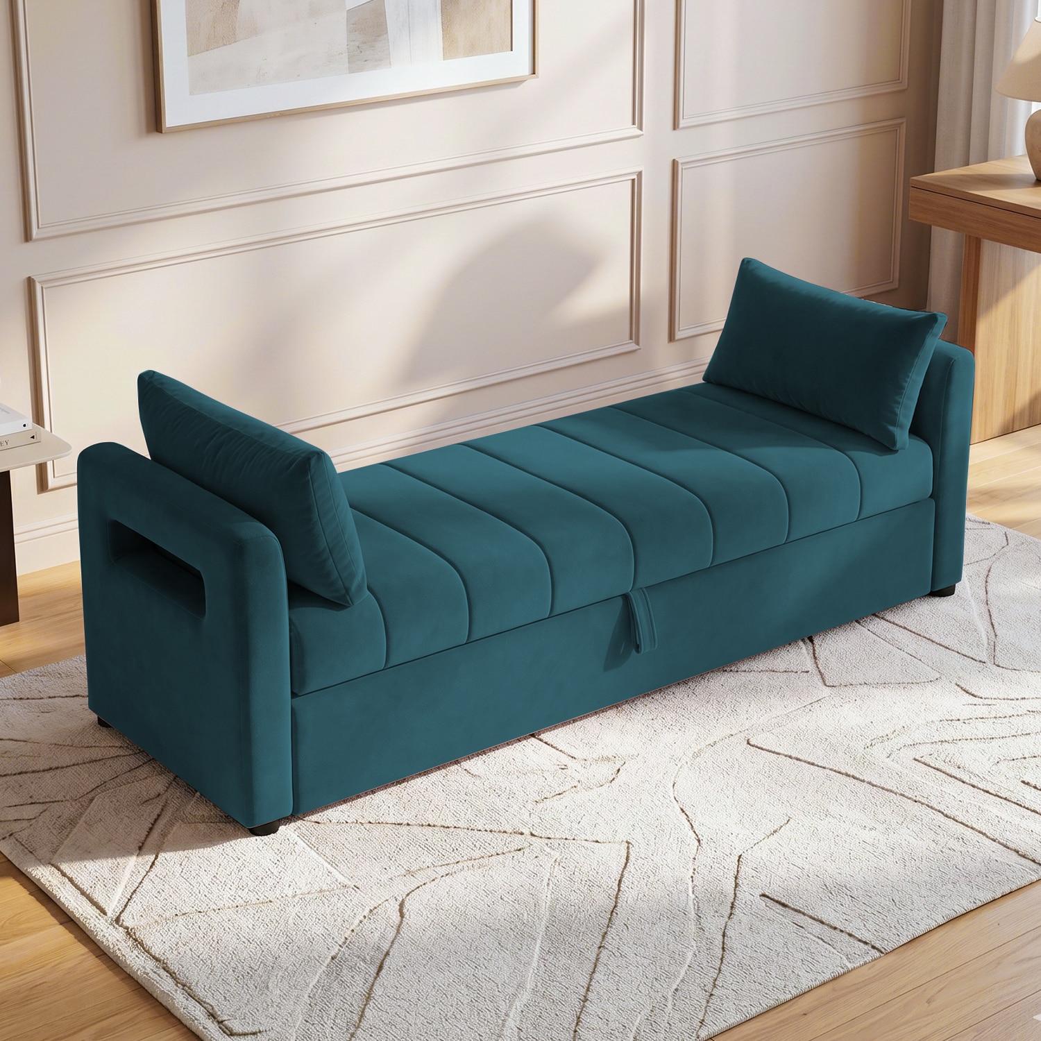 Jedlo Velvet 2 Seater Ottoman Bench with Storage  in T Blue  Color - Home Lifestylez