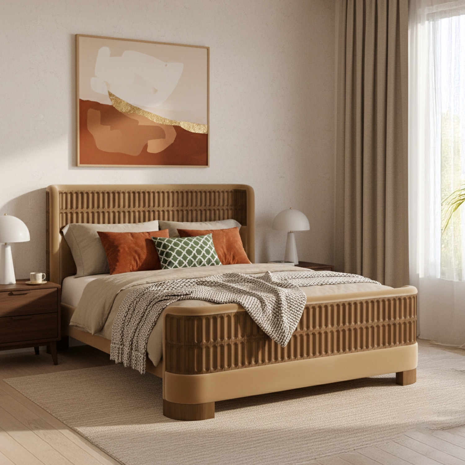 Heritage Cane Upholstered King Size Bed in Linen With Oak wood Frame - Nestroots