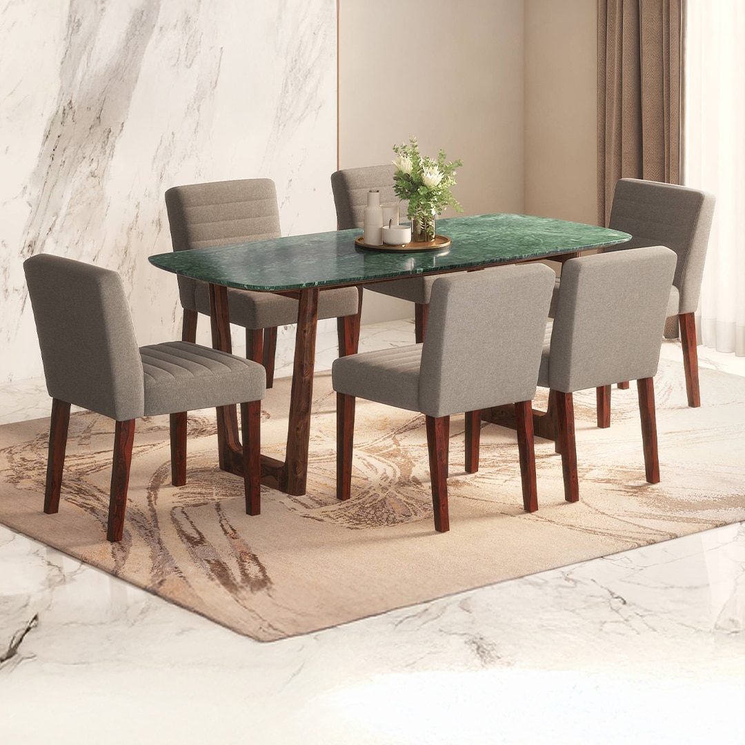 Adria Green Marble Top Dining Table With 6 Ludo Dining Chairs (Finish : Jade Green, Chair Colour : Beige)