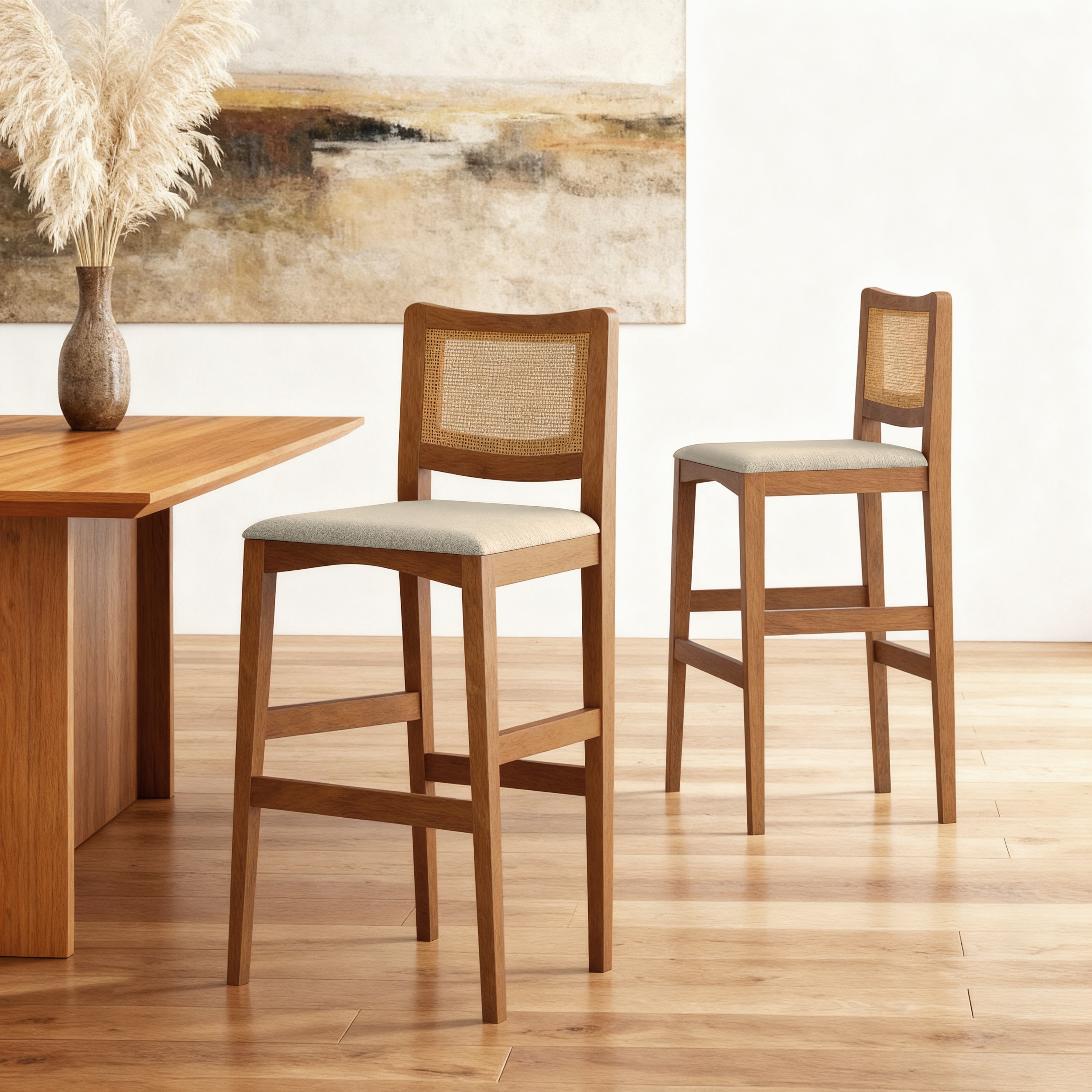 Weber Solid Wood and Cane Bar Chair In Amber Walnut Finish and Biscuit Velvet Colour