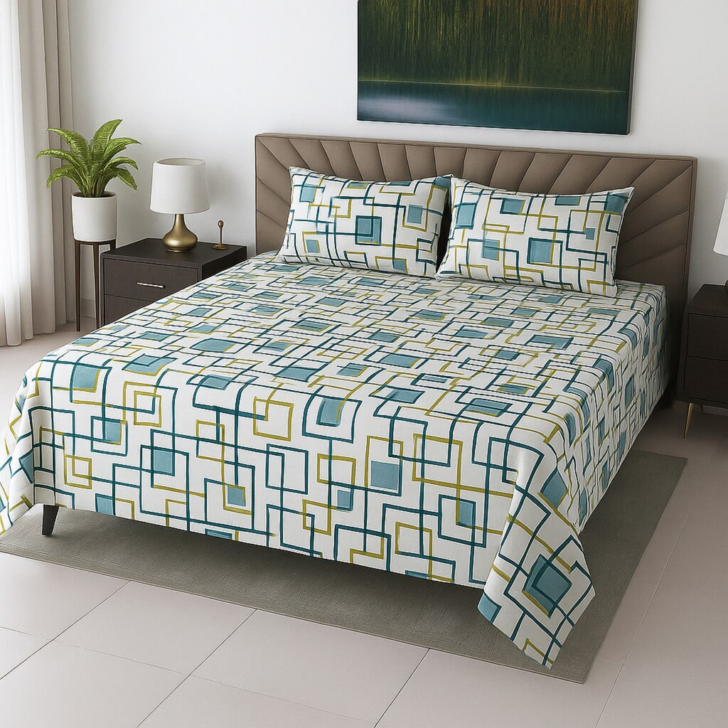 White & Green  Color Geometric 350 TC Cotton Flat Super King Bed Size Bedsheet With 2 Pilllow Covers  Threads