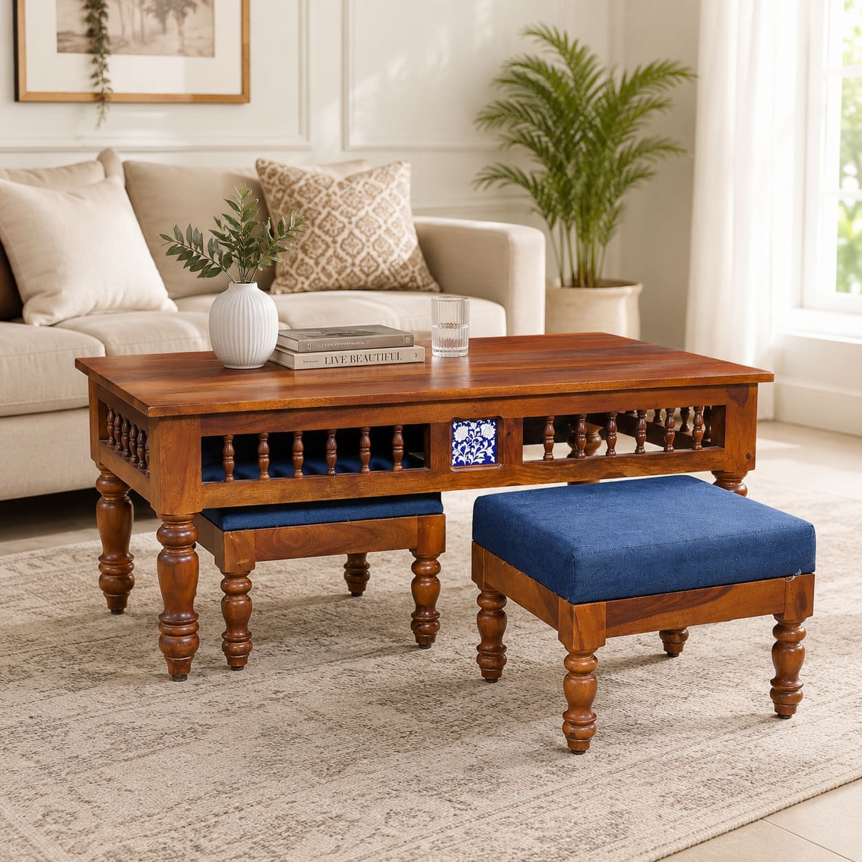 Nilaya Sheesham Wood Nesting Coffee Table Set in Honey Oak Finish with Cushioned Stools - Woodenmood