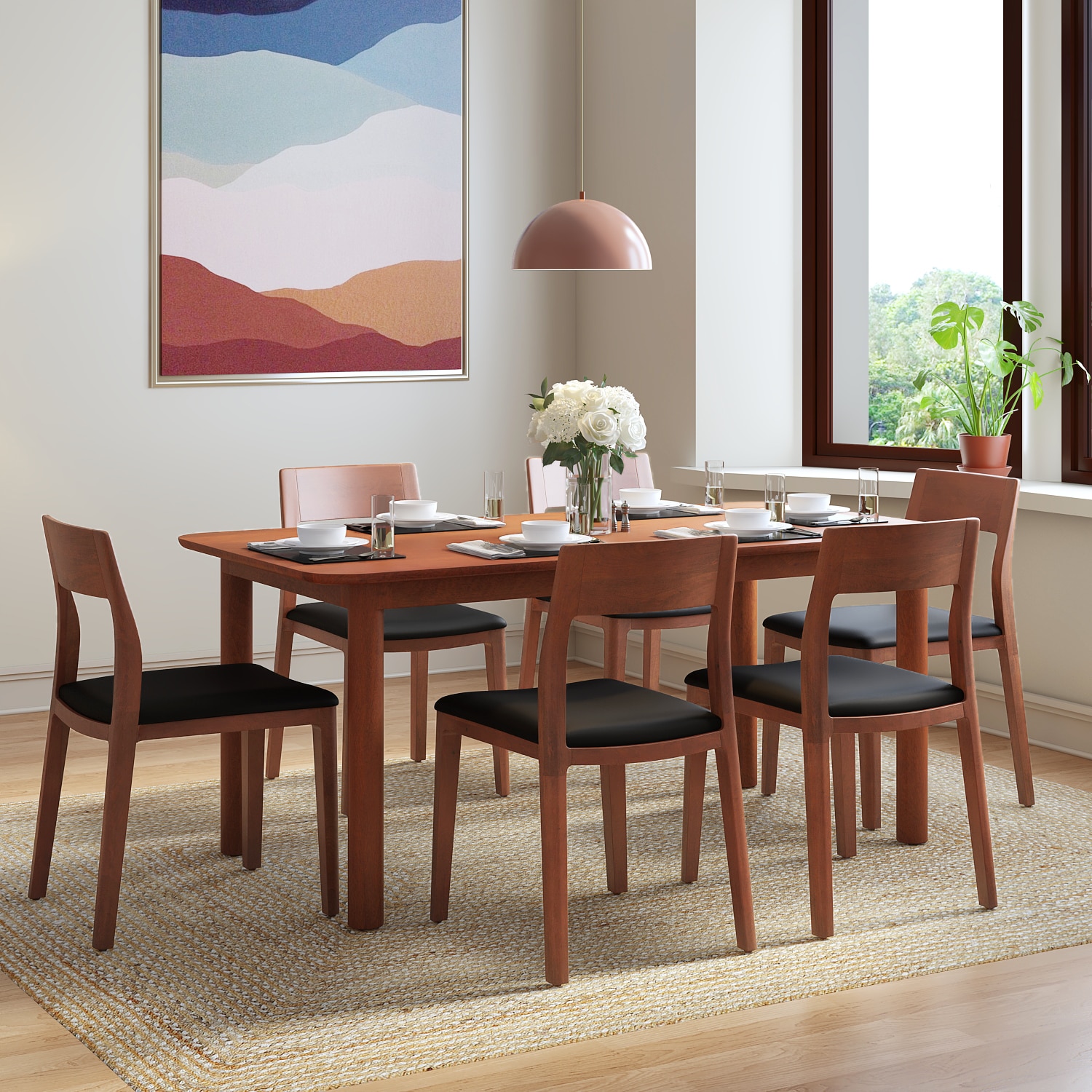 Dane Solid Wood Dining Table 6 Seater with 6 Clarke Solid Wood Dining Chairs (Finish: Honey, Colour: Black Leatherette) - Urban Ladder