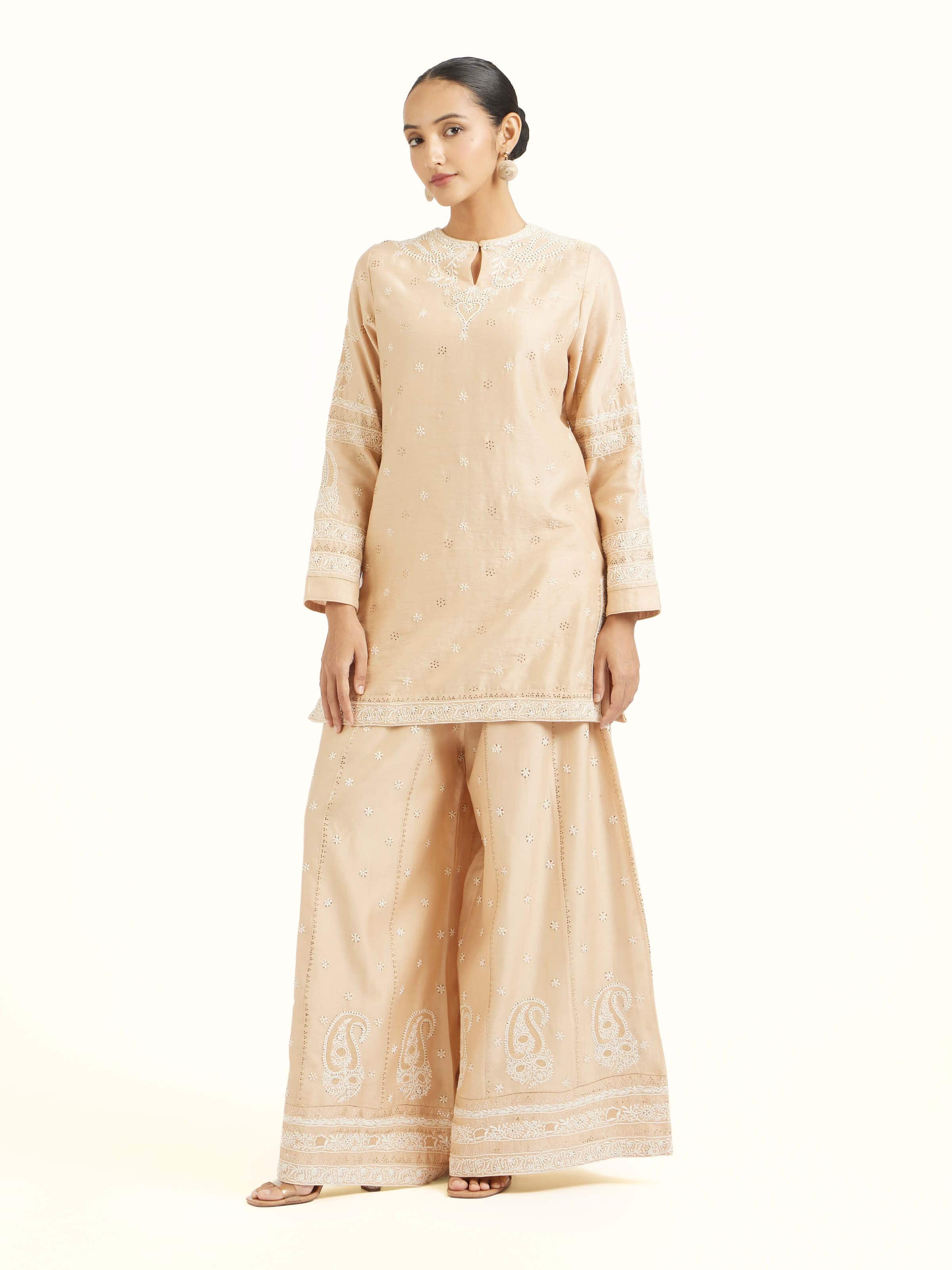 Beige Silk Chikankari Kurta