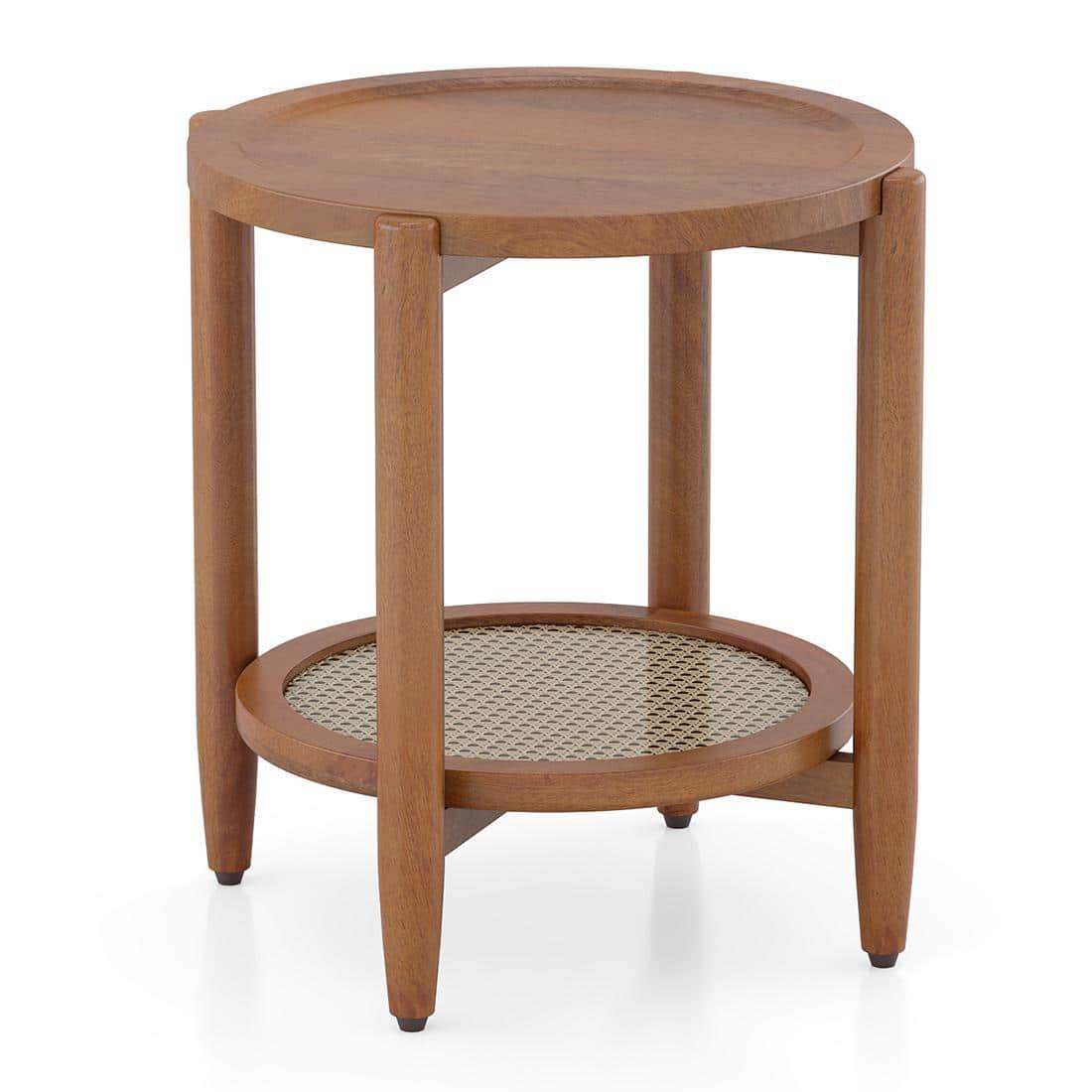 Tora Solid Wood and Cane with Glass Side Table In Amber Walnut Finish
