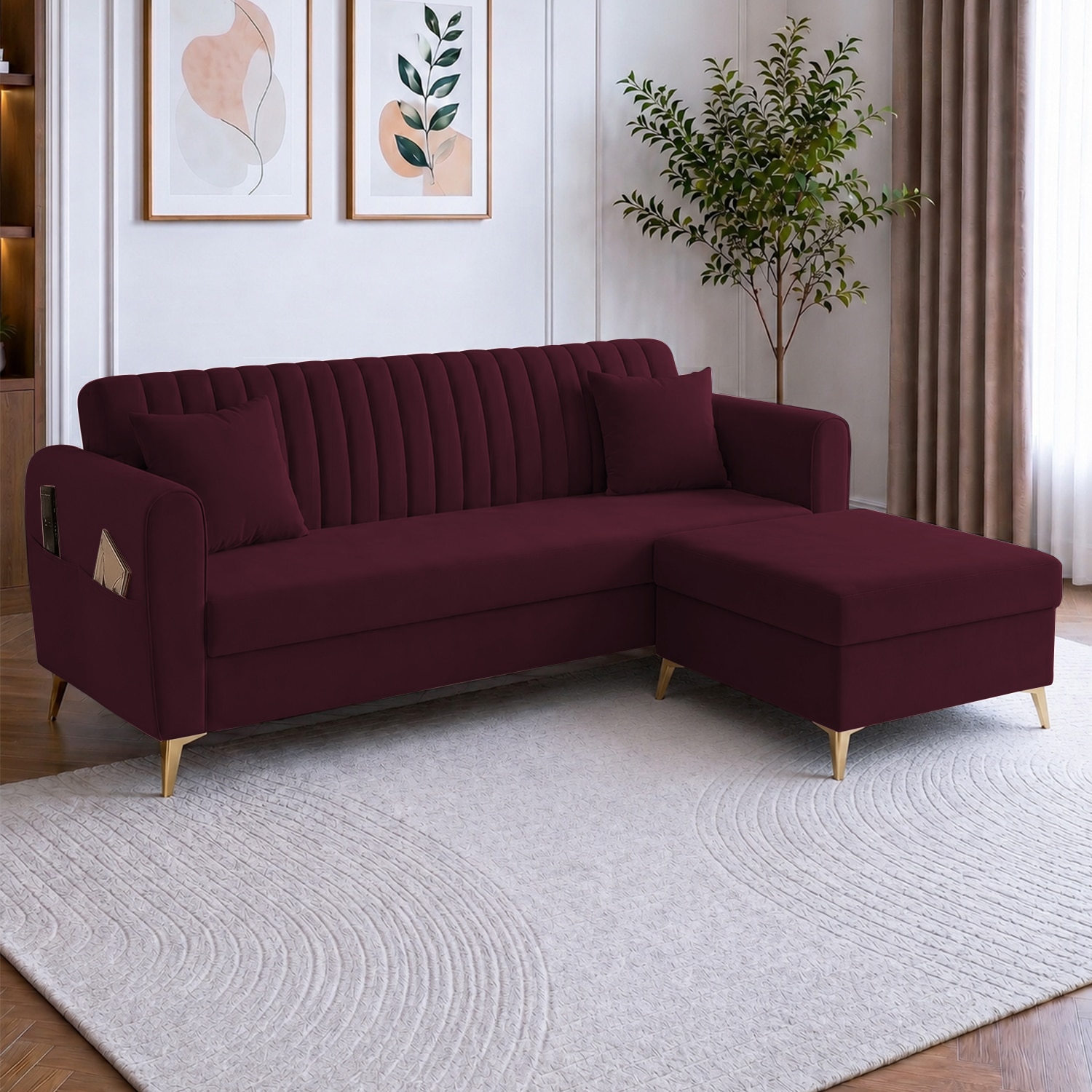Daraco Velvet L shape 4 Seater Sofa in red wine color - Home Lifestylez