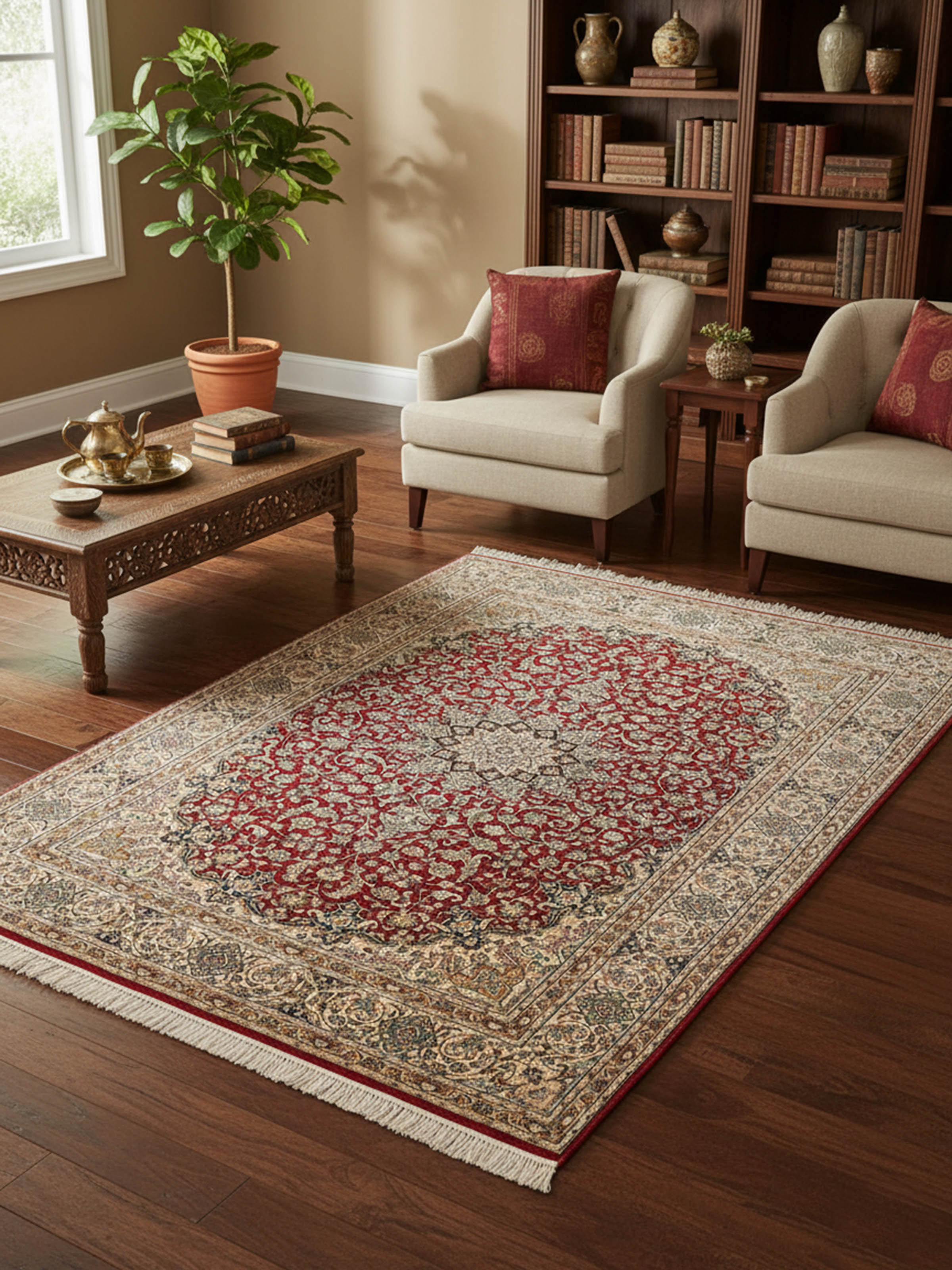 Traditional Kashan red Kashmir silk hand-knotted carpet in living room setting – Swadesh
