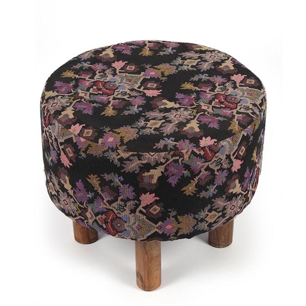 Collio Solid Wood Ottoman Pouffee in Black Leaves Jackard fabric - Ikiriya
