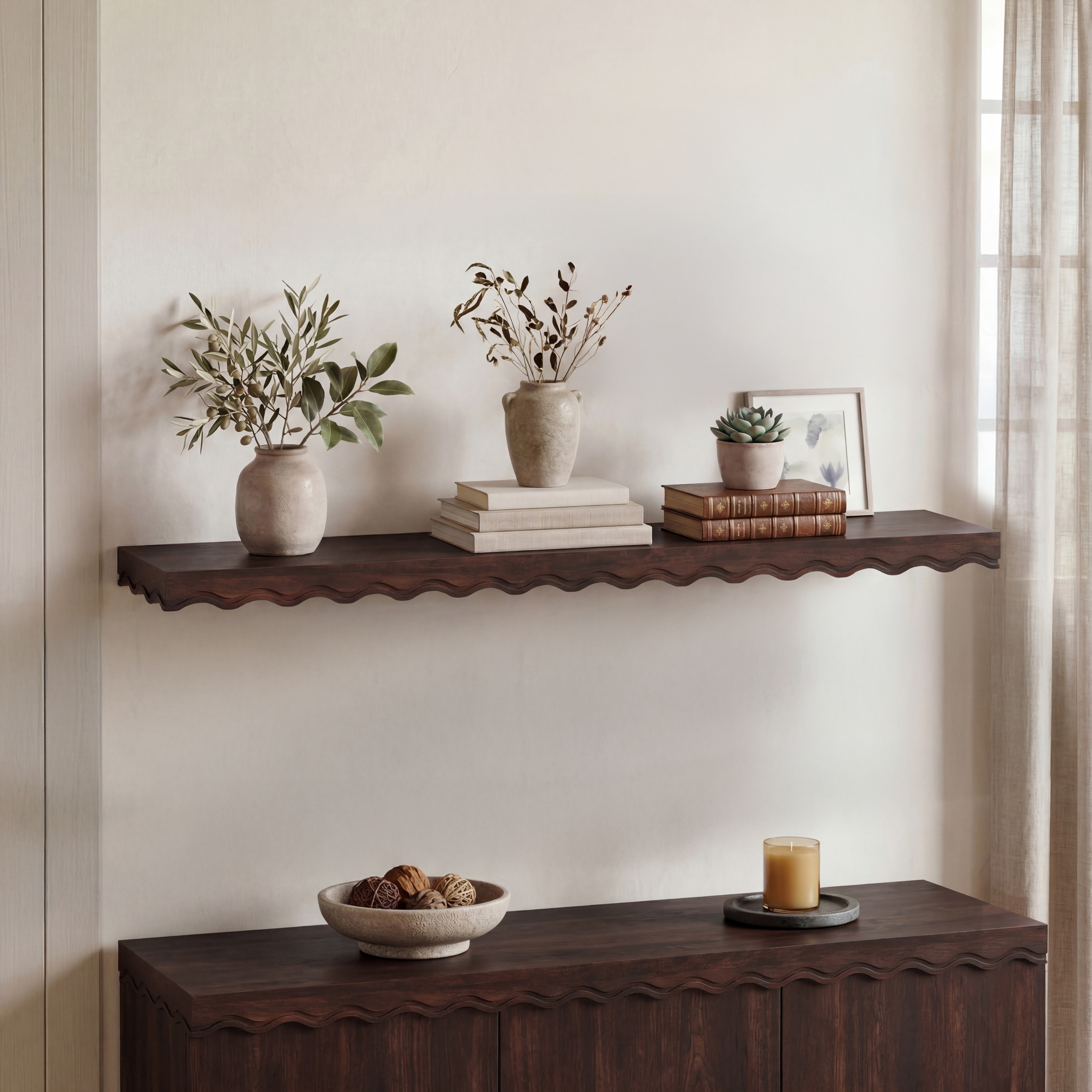 Ruki Solid Wood Wall Shelf Large Size in Toasted Walnut Finish