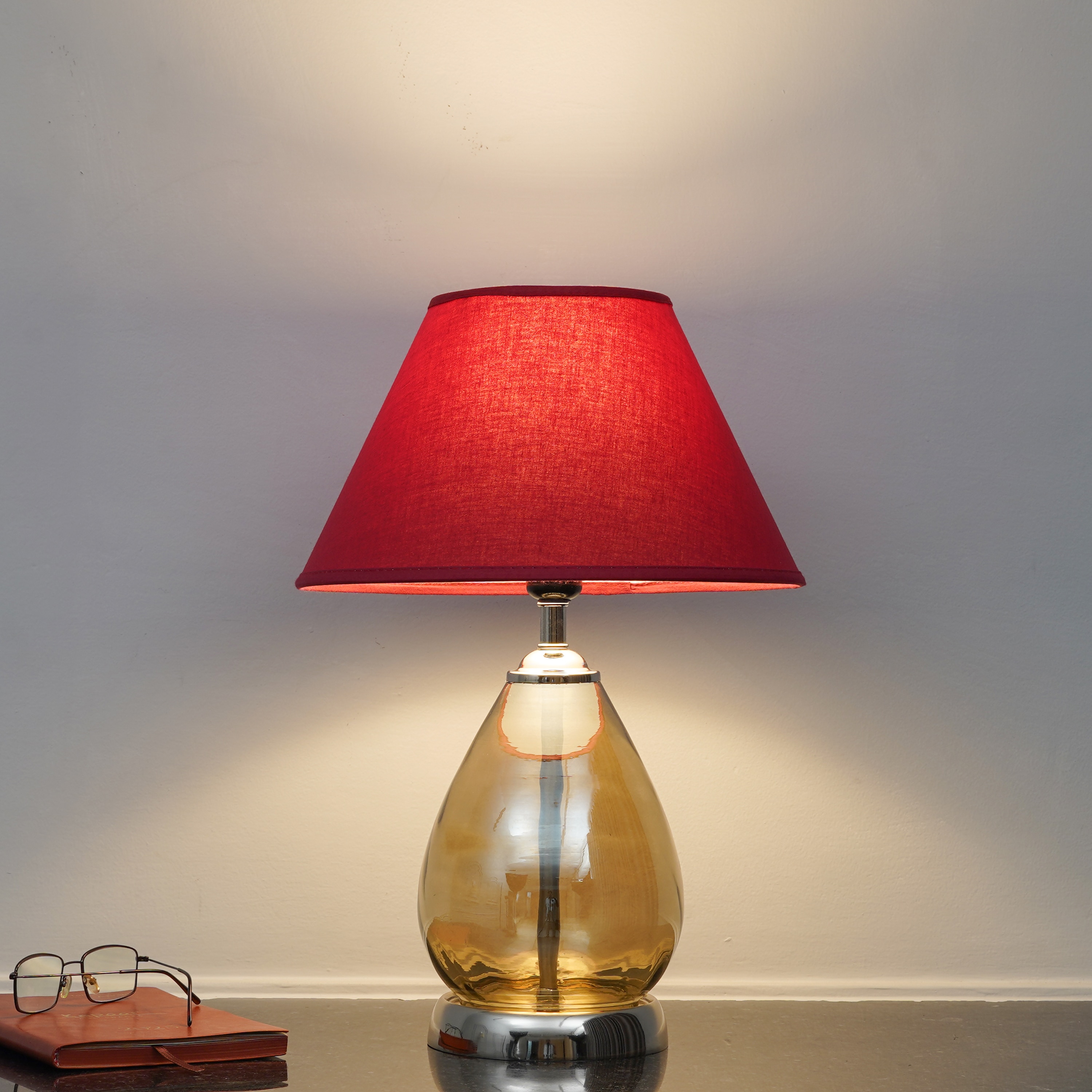 DECADE Smoke Luster Glass and Metal Table Lamp With Maroon Cotton Shade - Kapoor Lamp Shades