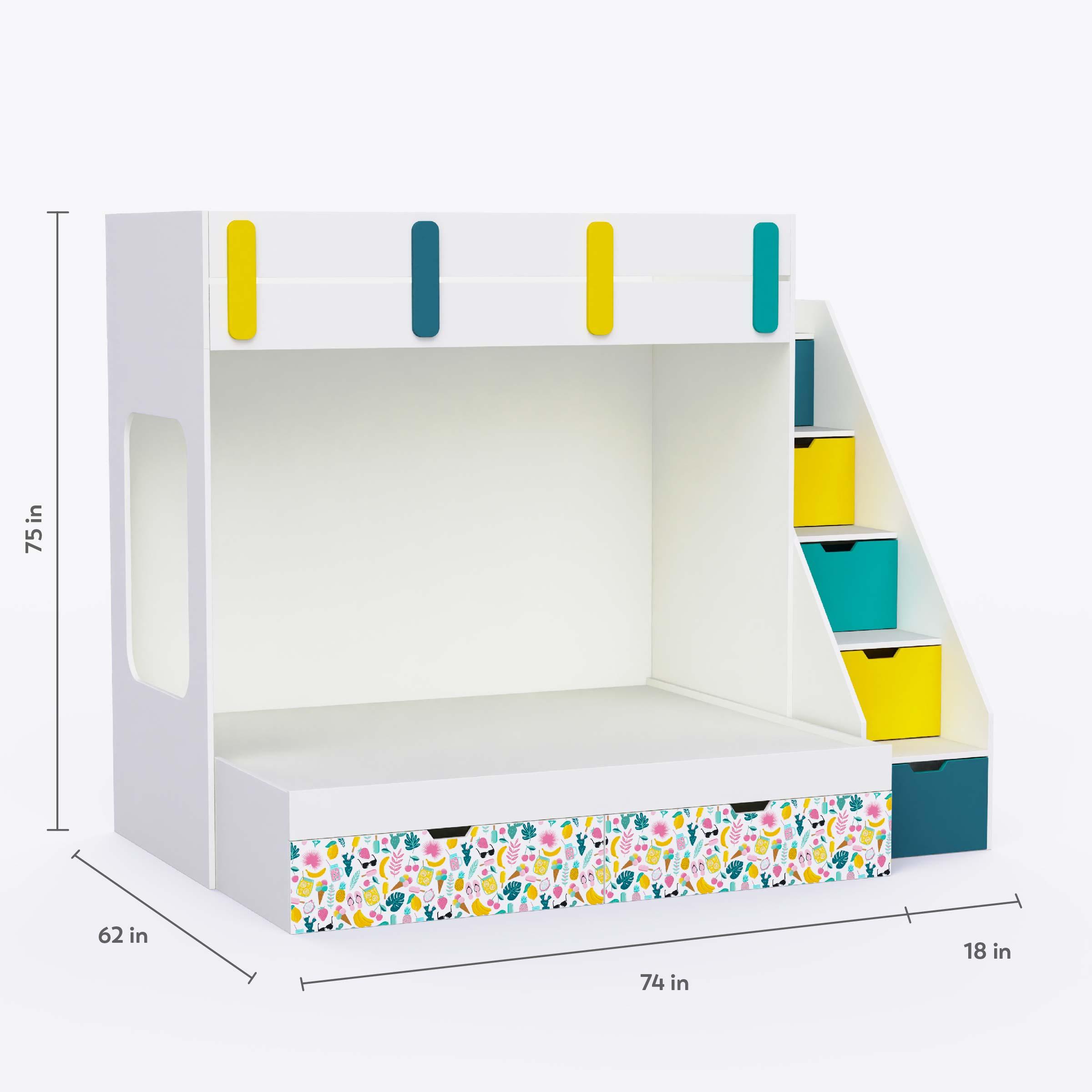 Pattern Dreams Bunk Bed  6X5 (Drawers On Wheels) In White & Teal Colour