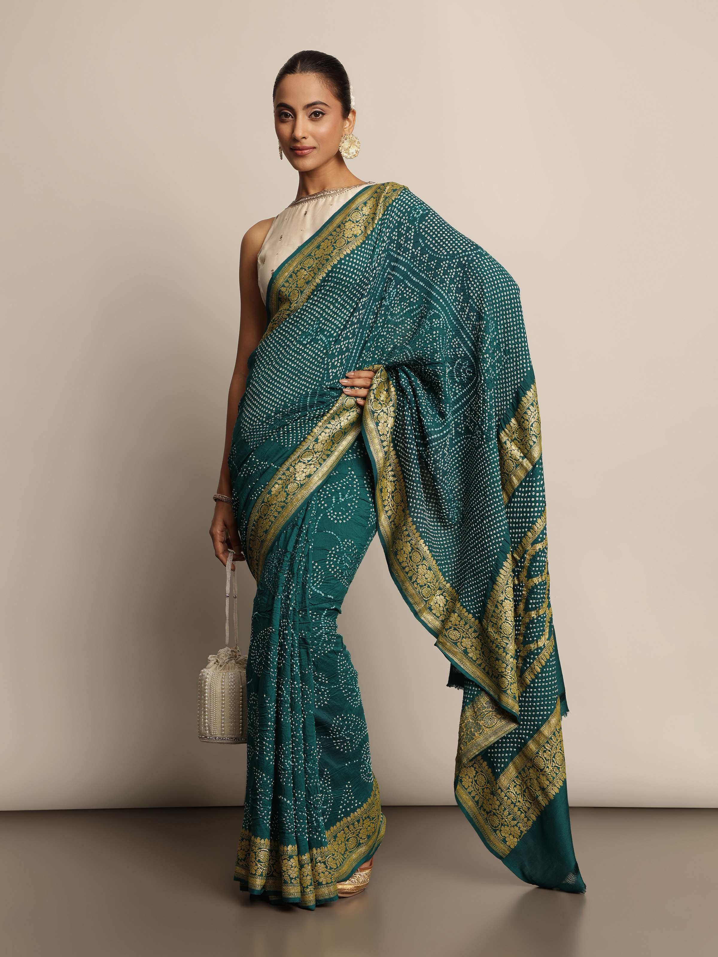 Dark Turquoise Silk Bandhani Saree