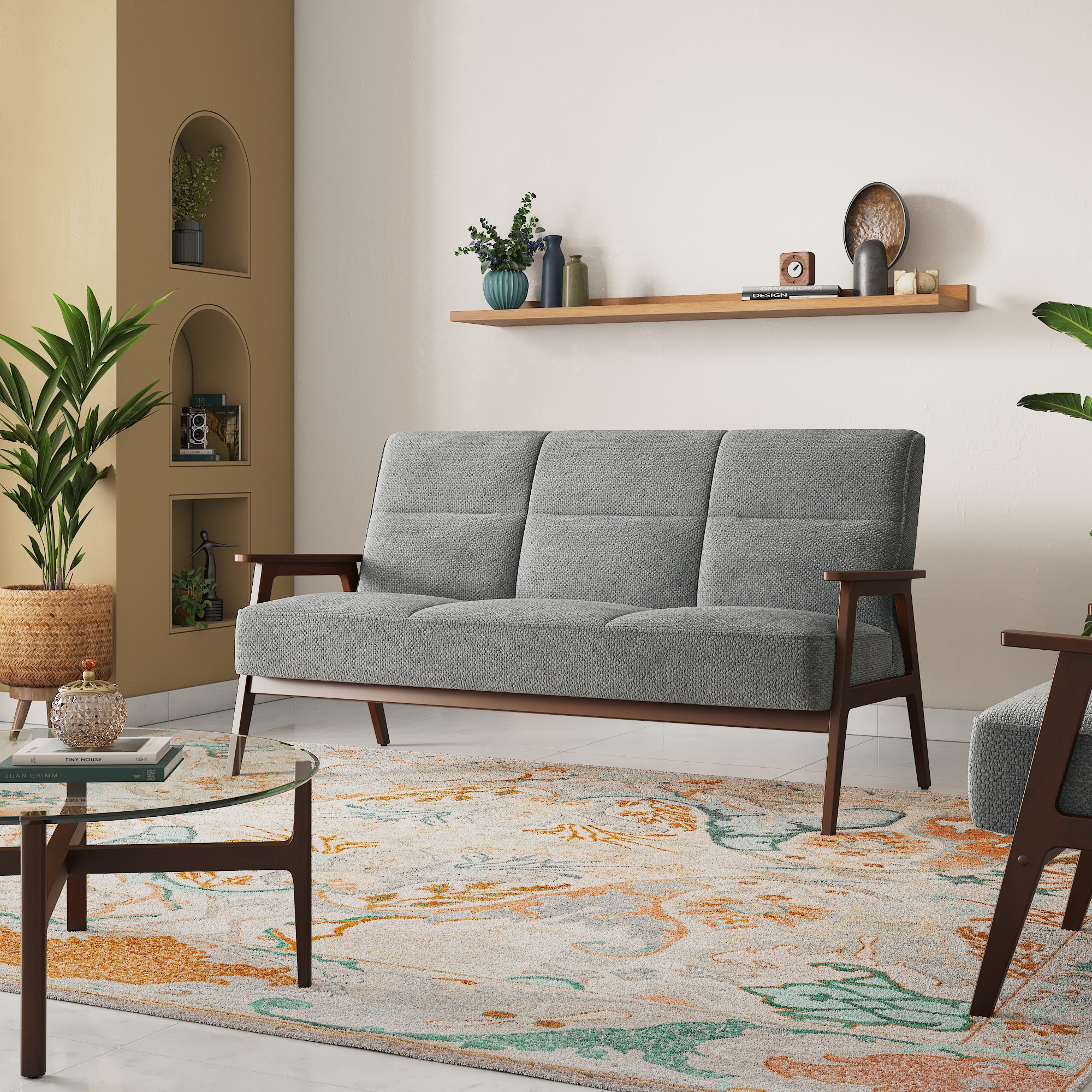 Logan 3 Seater Wooden Sofa in Grey Colour