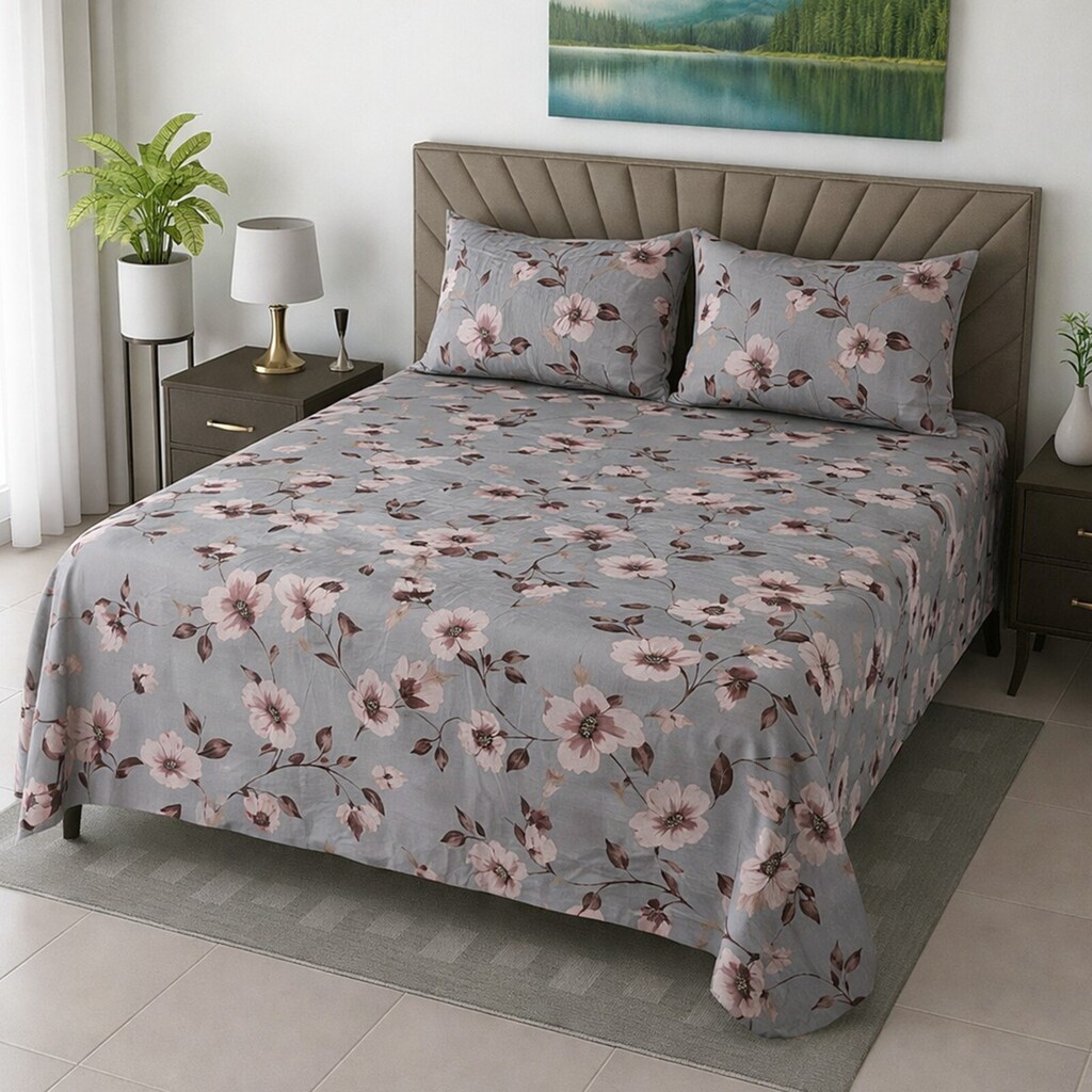 Kian Coffee Floral 400 TC Cotton Flat Super King Size Bedsheet with 2 Pillow Covers – Threads - Threads