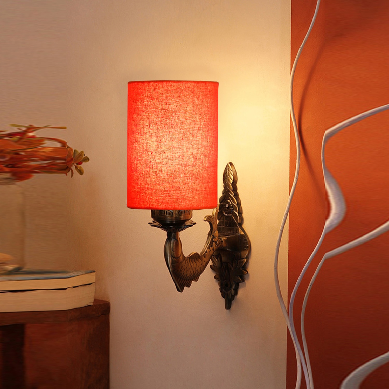 Devansh Metal Electric Wall Light in Antique Gold Colour with Orange Shade Count of 1 Light - Devansh