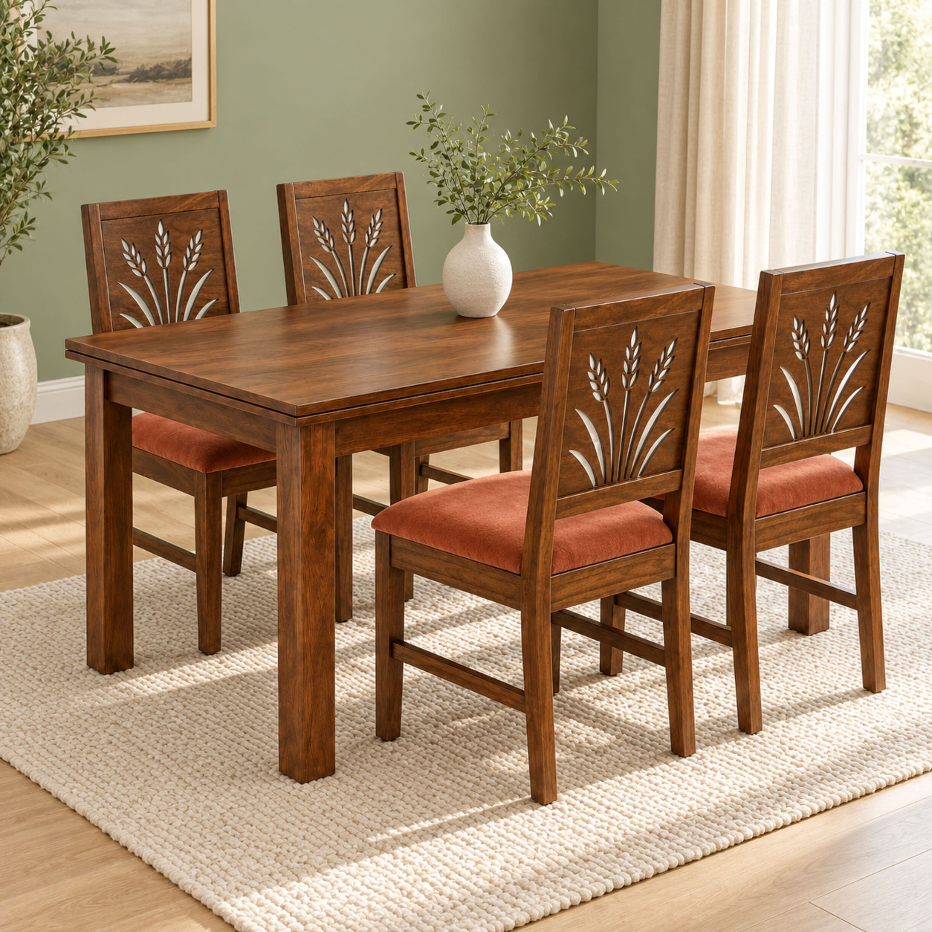 Globally Indian Kusha Solid Sheesham Wood 4 Seater Dining Table Set 4 Chairs Terracotta Orange