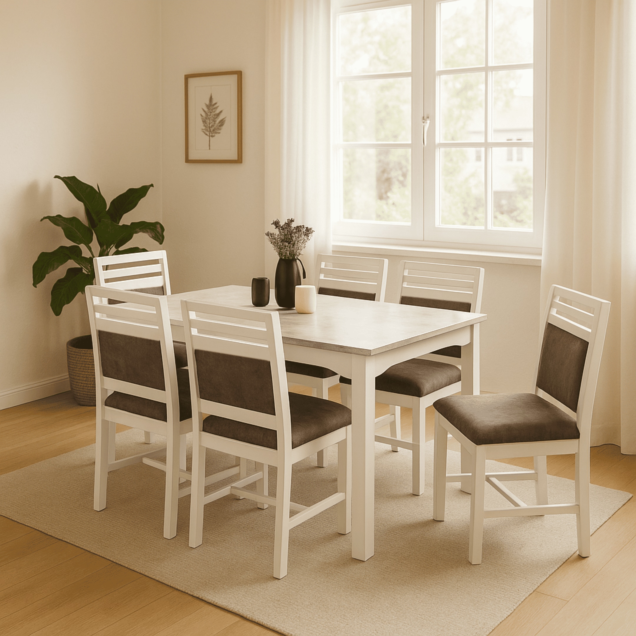 Globally Indian Compact Wooden Dining Table Set For 6 – White Painted Finish With Cushioned Seating