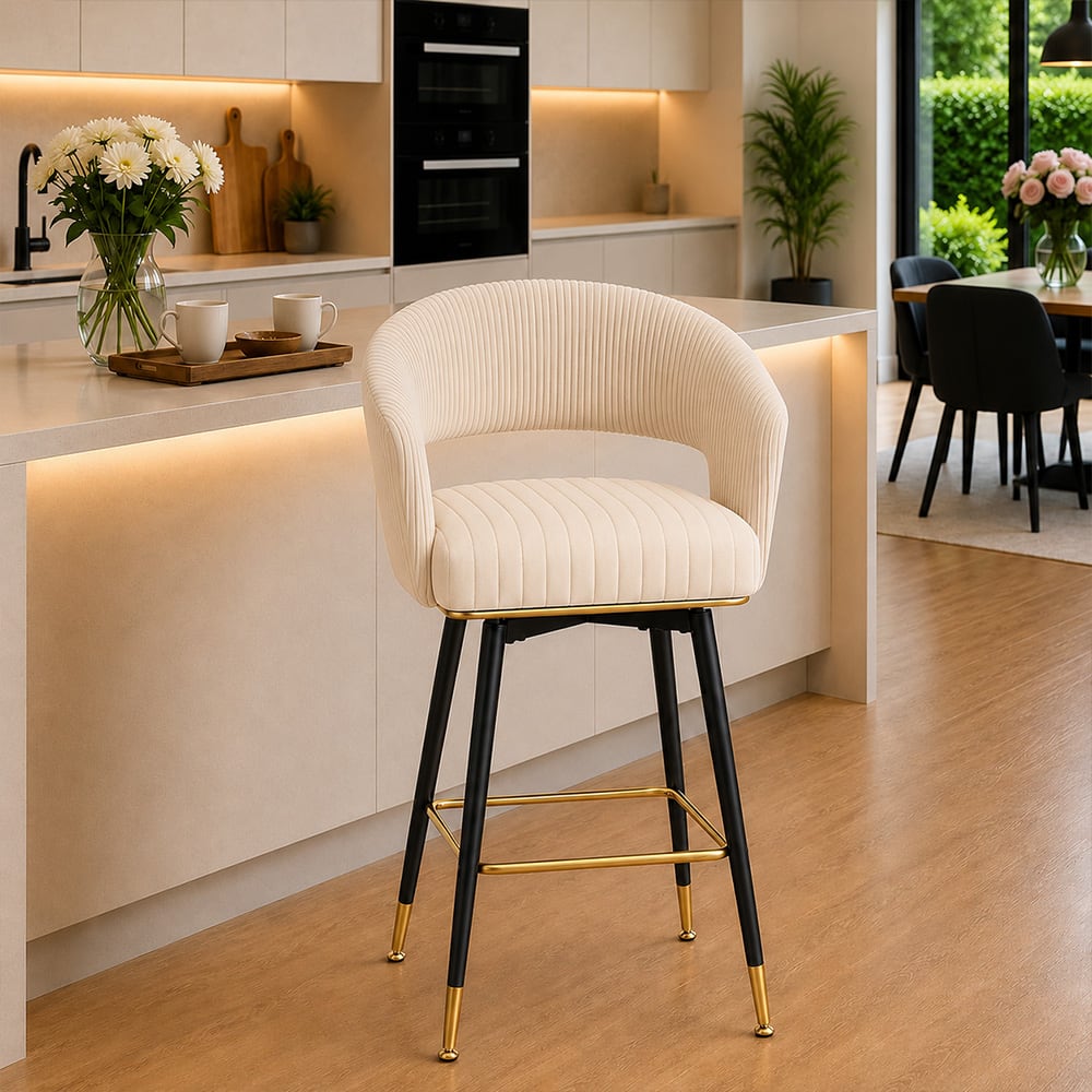 Doe Buck Mixoy Velvet Bar Stool in Emerald Beige Colour with Gold Accents - Doe Buck