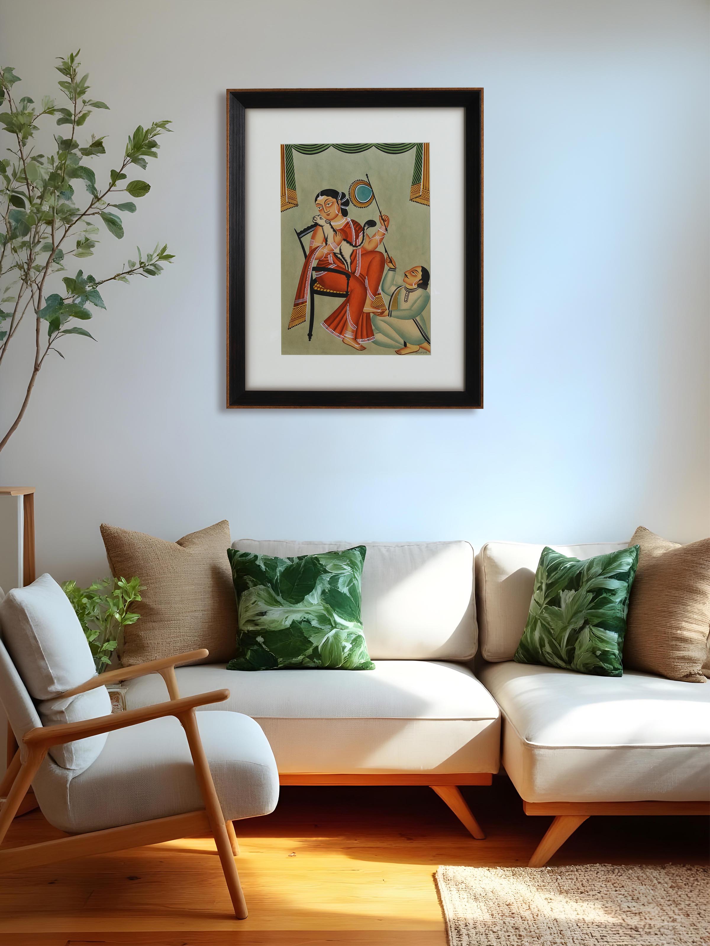 Lifestyle view of Man Woman Fan Kalighat Painting