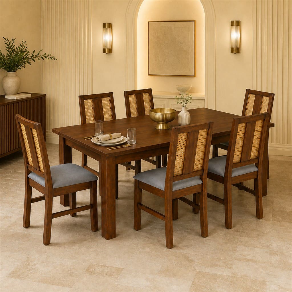 Globally Indian Giselle Solid Sheesham Wood 6 Seater Dining Table Set 6 Chairs Terracotta Orange