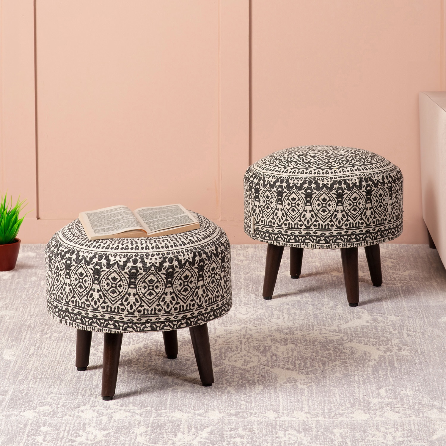 Mandala Fabric Wooden Ottoman in Grey Color Set of 2 - Nestroots