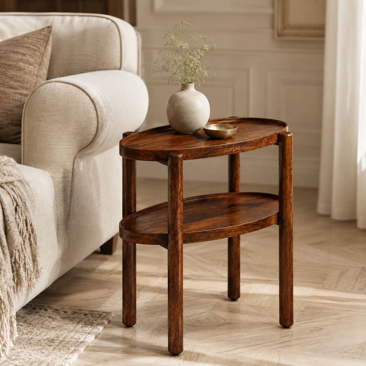 Pearl Sheesham Wood Side Table in Provincial Teak Finish