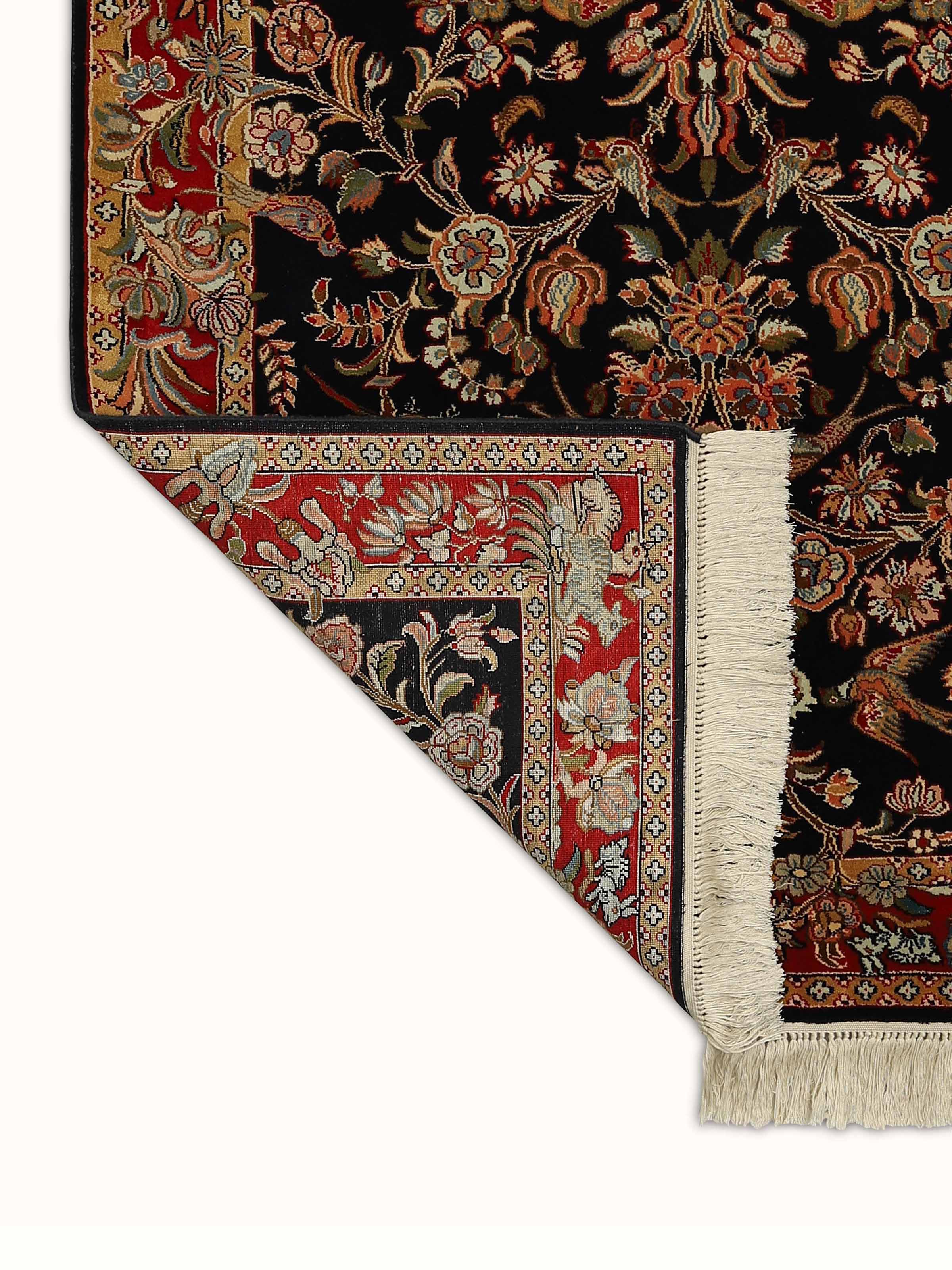 Traditional Persian Black Garden Kashmir Silk Hand-knotted Rug