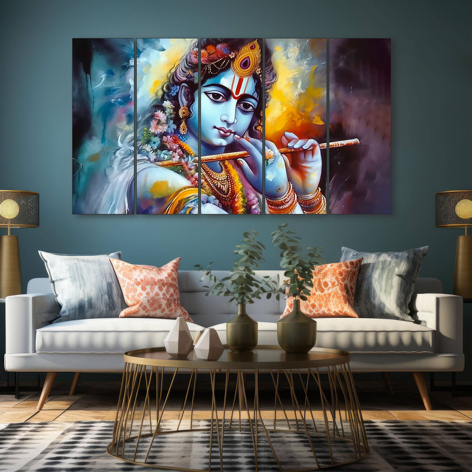 The Castle Decor Krishna Ji Wall Painting Wooden Framed 27x48 Inch (Style 37) - The Castle Decor