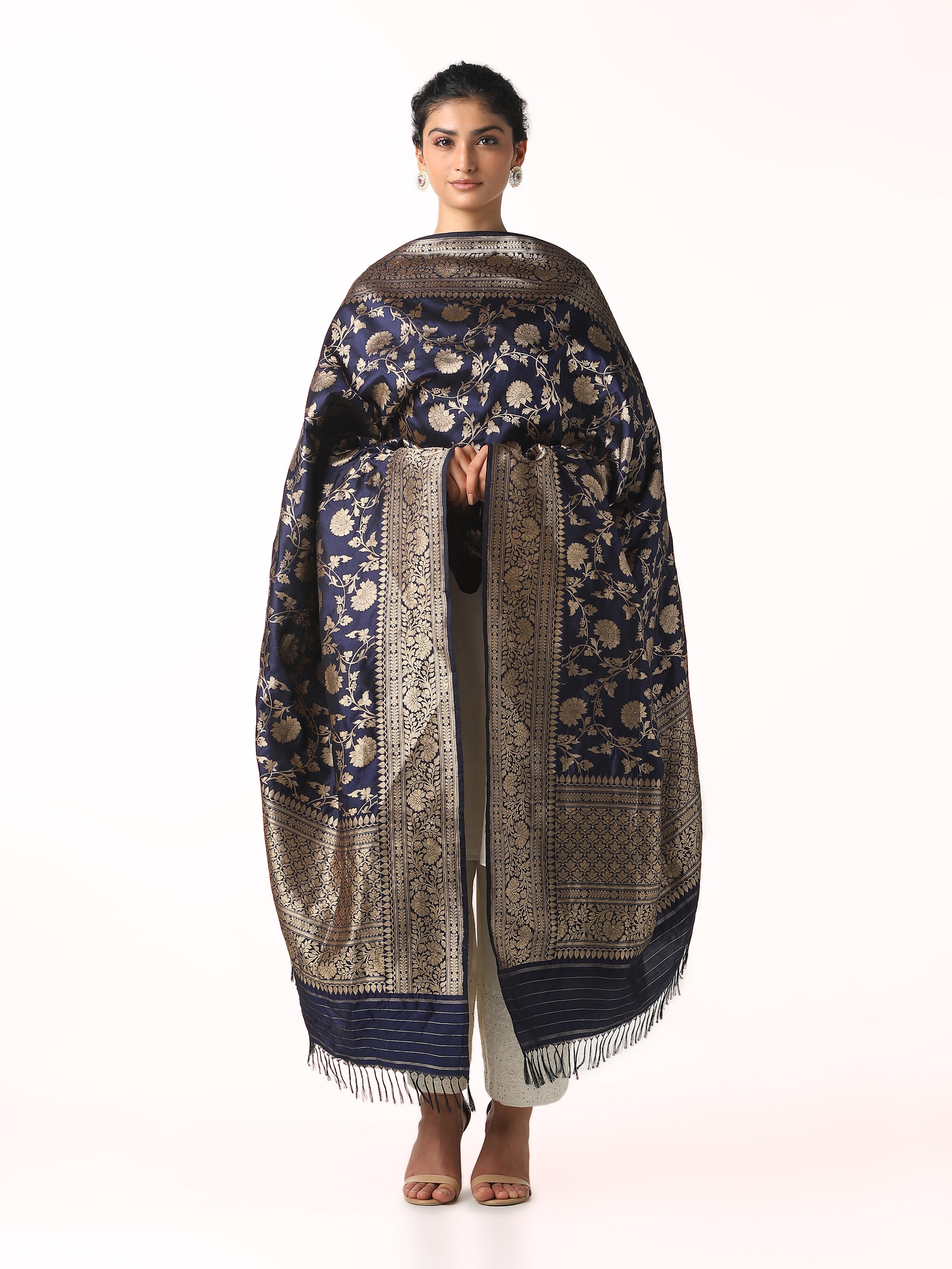 Assorted silk Banarasi brocade print tie and pocket square set with traditional motifs