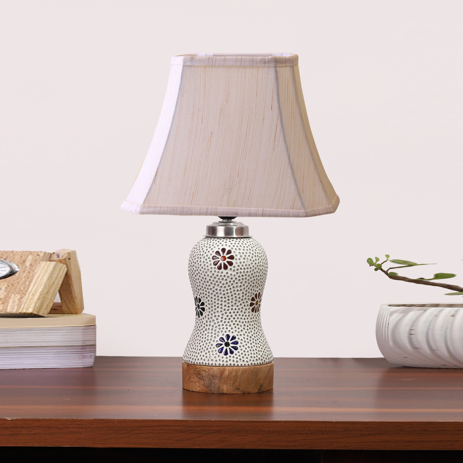 Devansh Off-White Cotton Rectangular Shade Lamp With Wood & Mosaic Glass Base For Decoration/Office/Home/Gifting/Study For Decoration/Office/Home/Gifting/Study