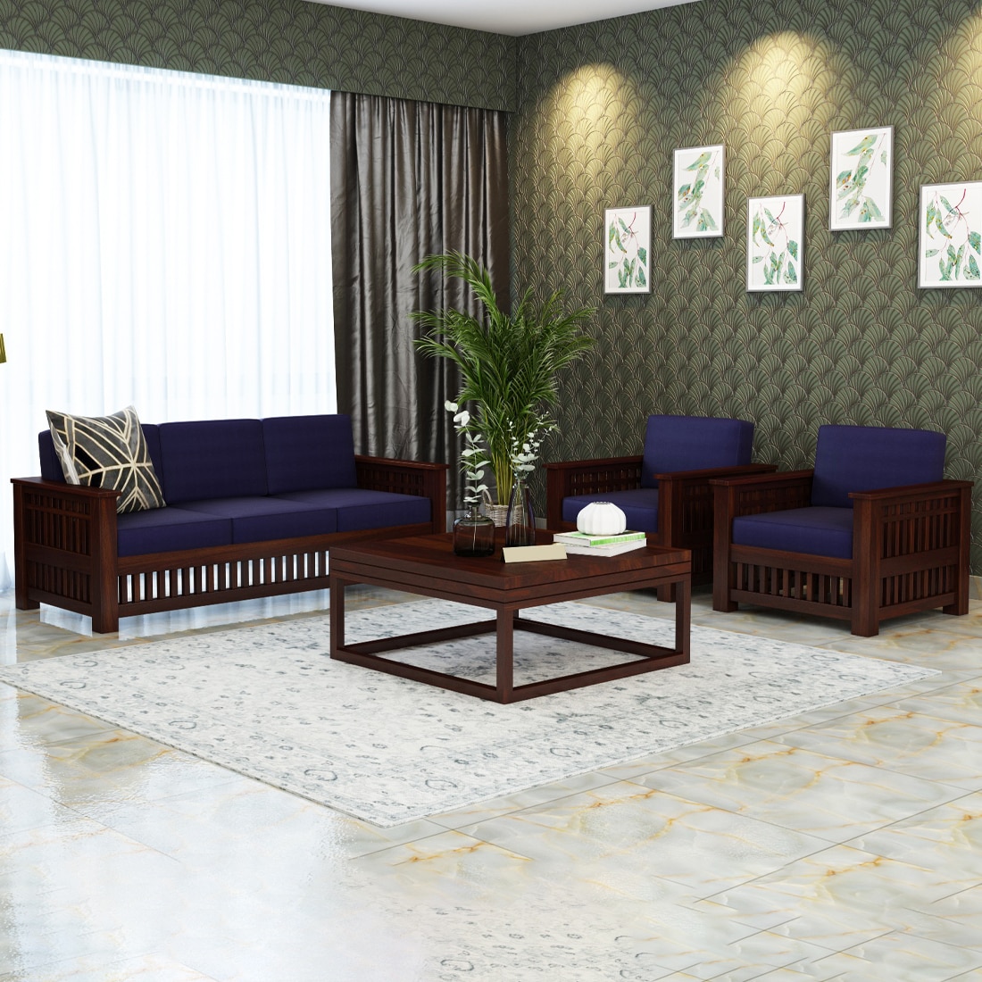 Anjani 3+1+1 Seater Wooden Sofa (BLUE Colour, Dark Walnut Finish)