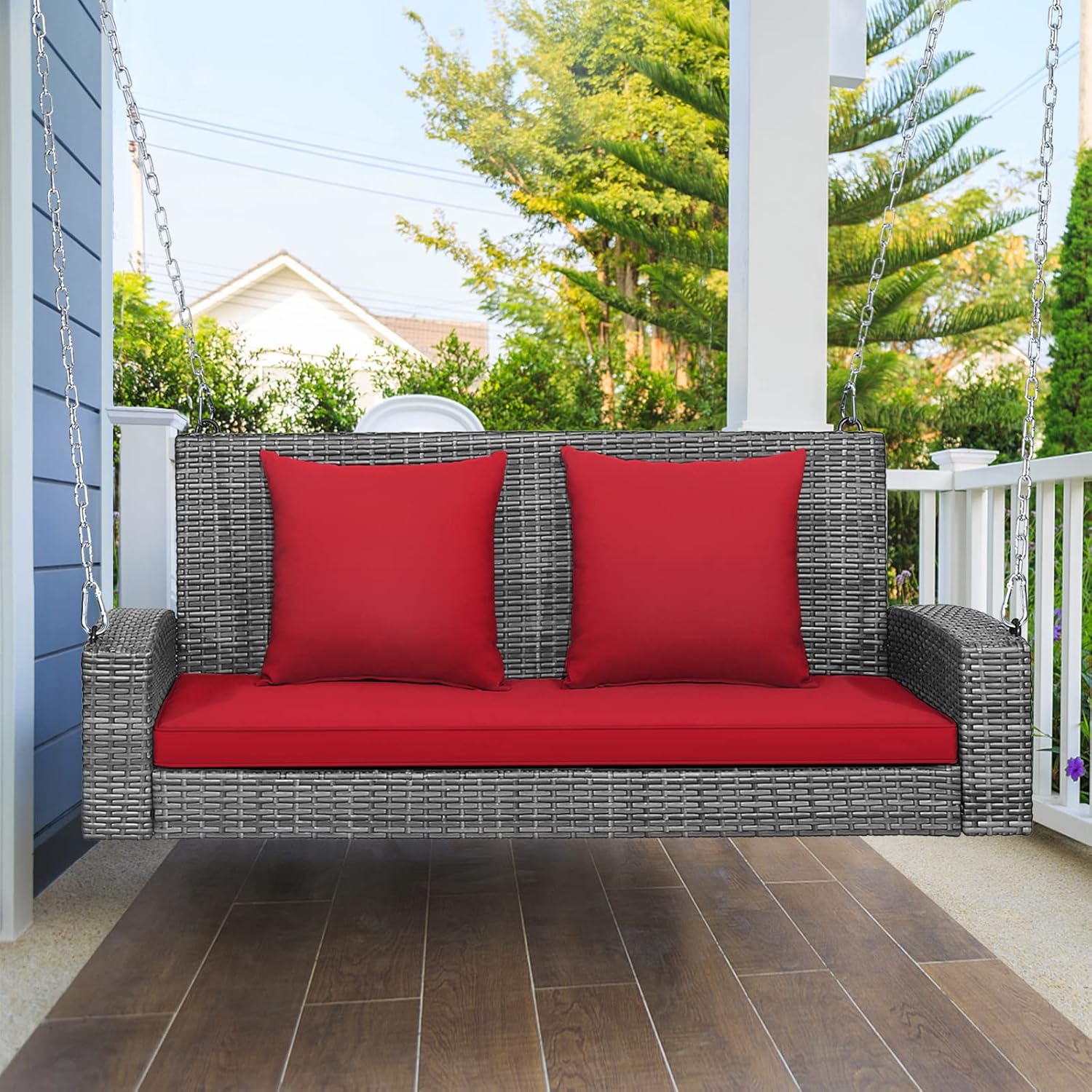 Carry Bird Wicker Patio Furniture Outdoor Balcony Swings In Grey And Red Colour - Carrybird