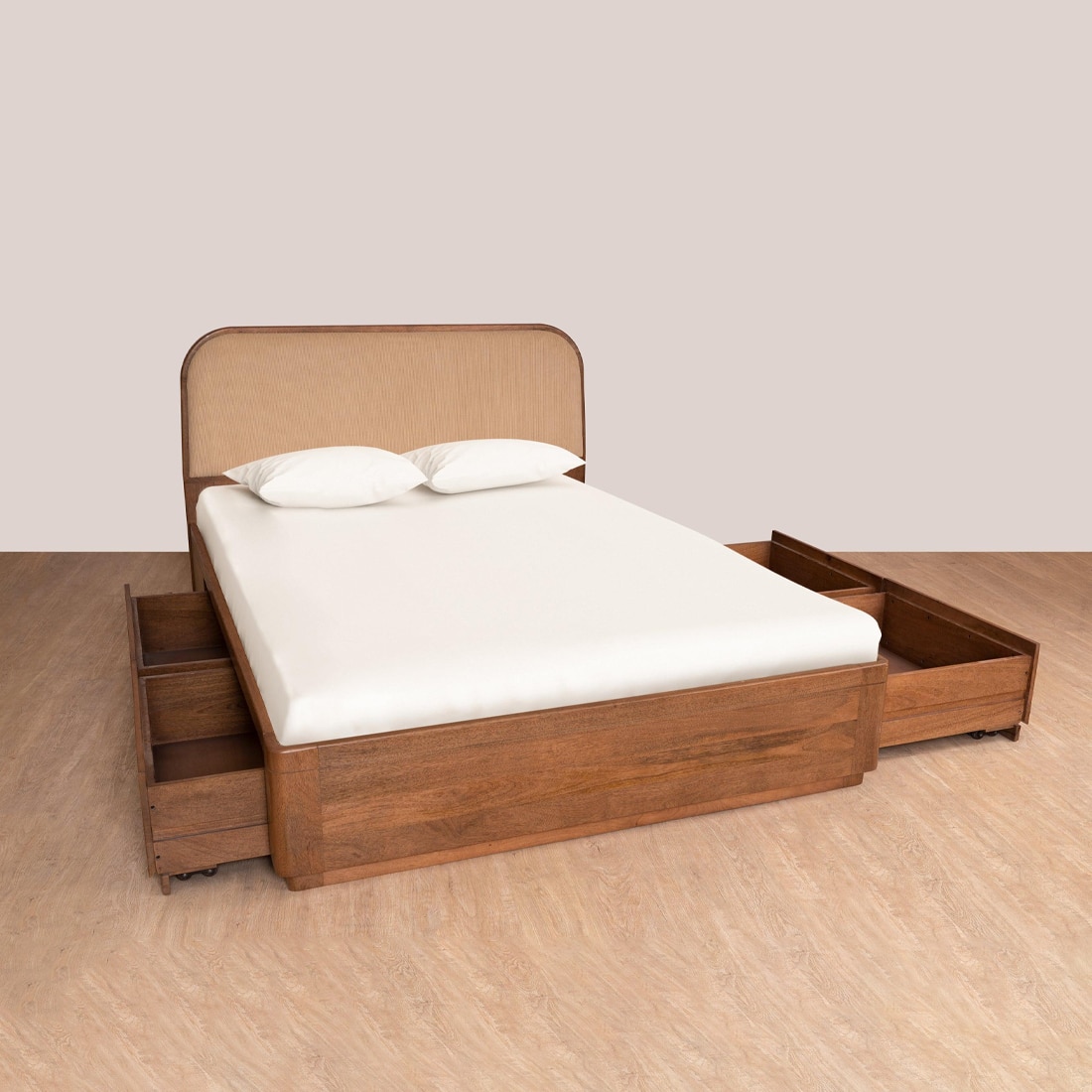 Buda Drawer Storage Queen Size Bed in Light Walnut Finish