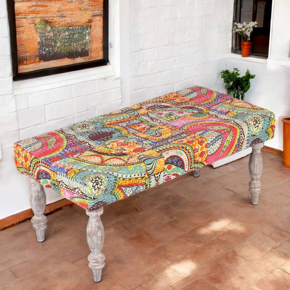 Bestone Solid Wood Bench In Multicolour Patch Kantha Fabric