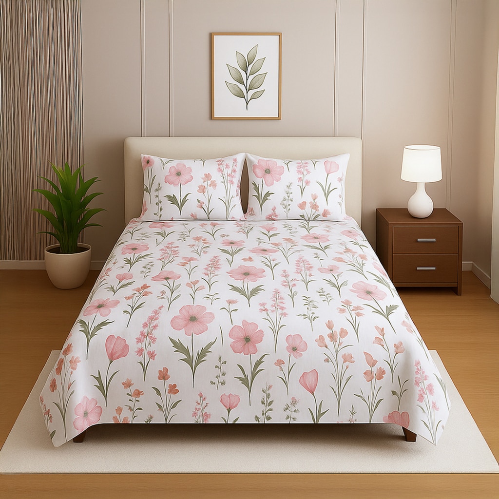 White Floral 400 TC Cotton Flat Single Bed Size Bedsheet With 2 Pillow Cover From Threads