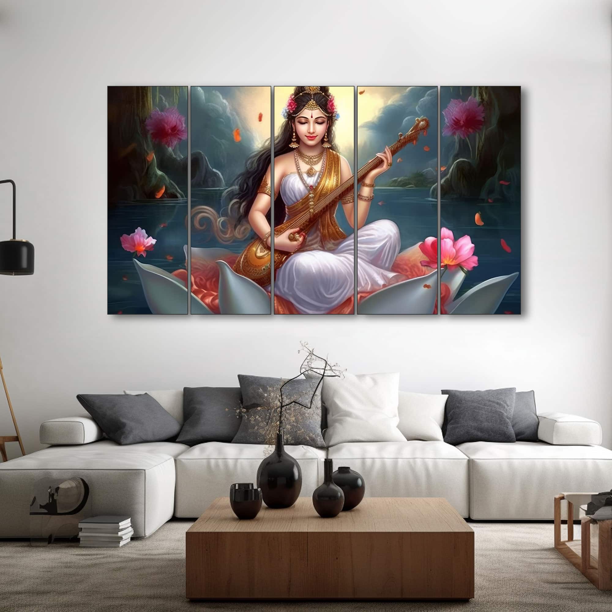The Castle Decor Goddess Saraswati Wall Painting Wooden Framed 27x48 Inch (Style 2) - The Castle Decor