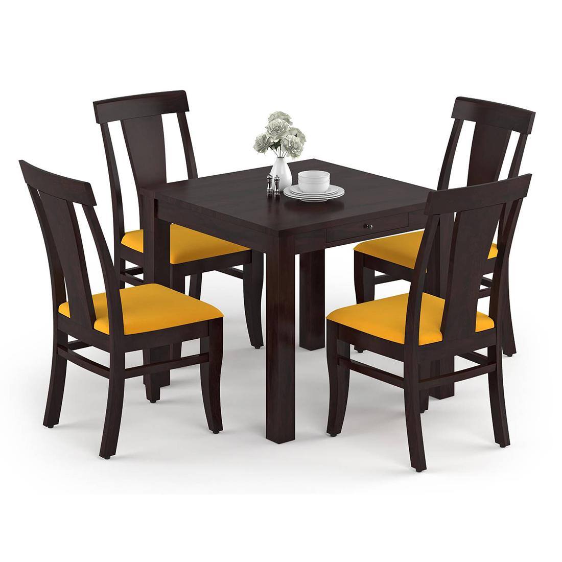Arabia-Fabio 4 Seater Dining Table With Set Of 4 Chairs (Colour- Matty Yellow, Finish- Mahogany)