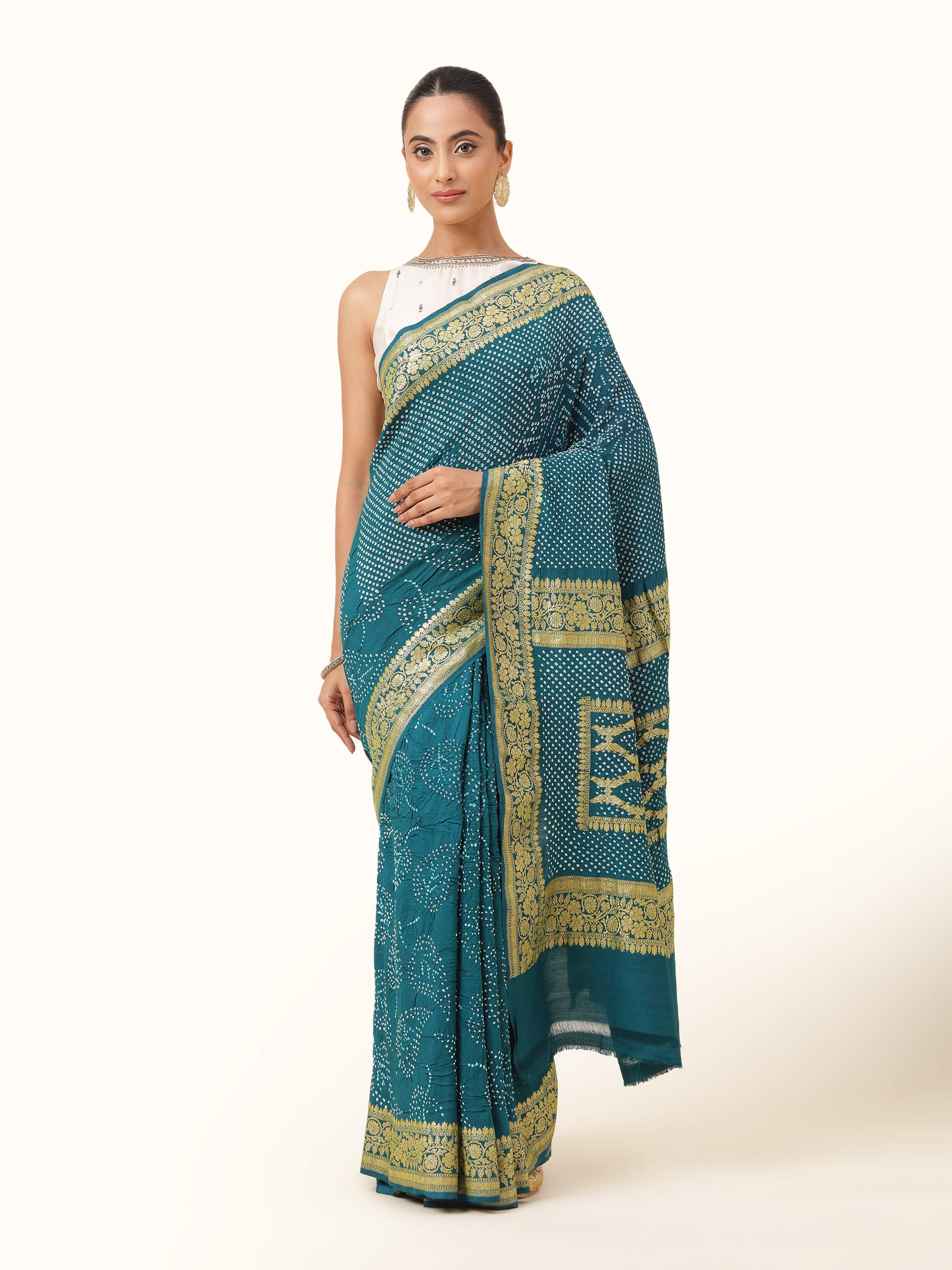 Dark Turquoise Silk Bandhani Saree