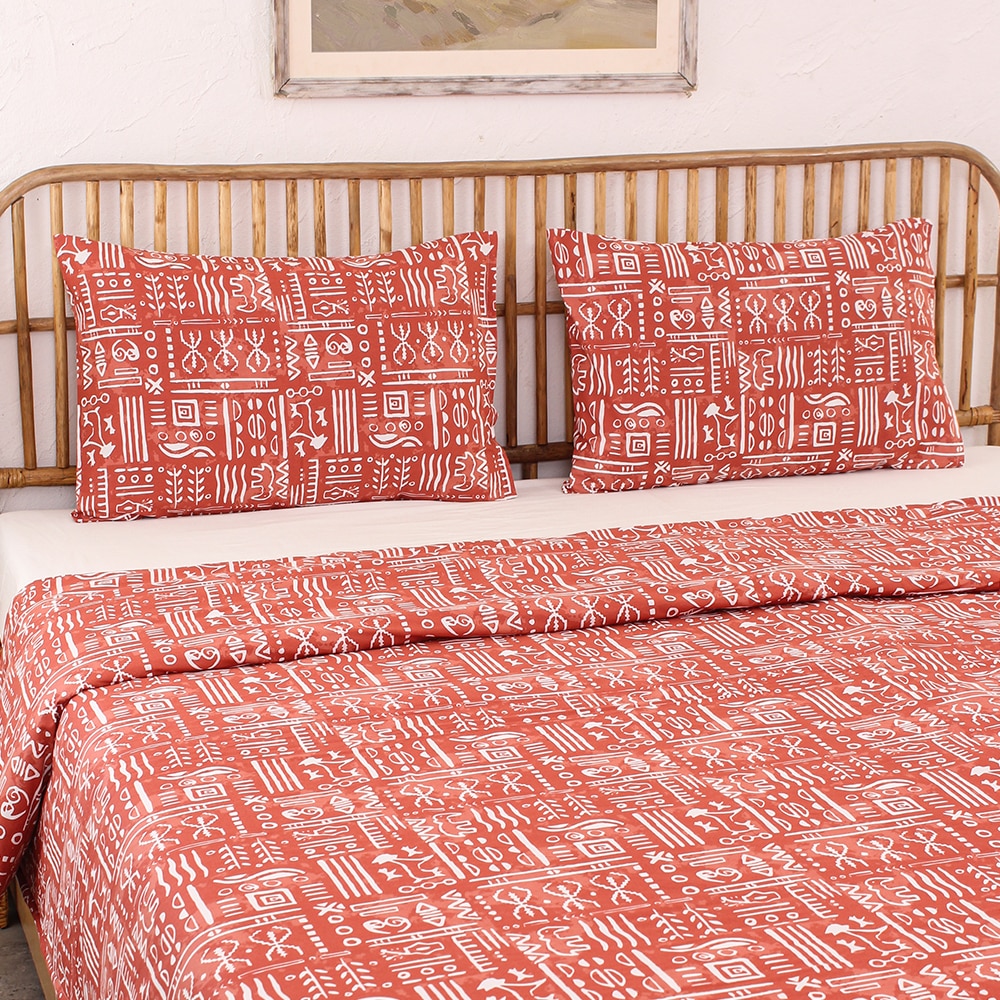 Gamathi 1 Double Bed Sheet & 2 Pillow Covers + 1 Double Duvet Cover with Rust colour