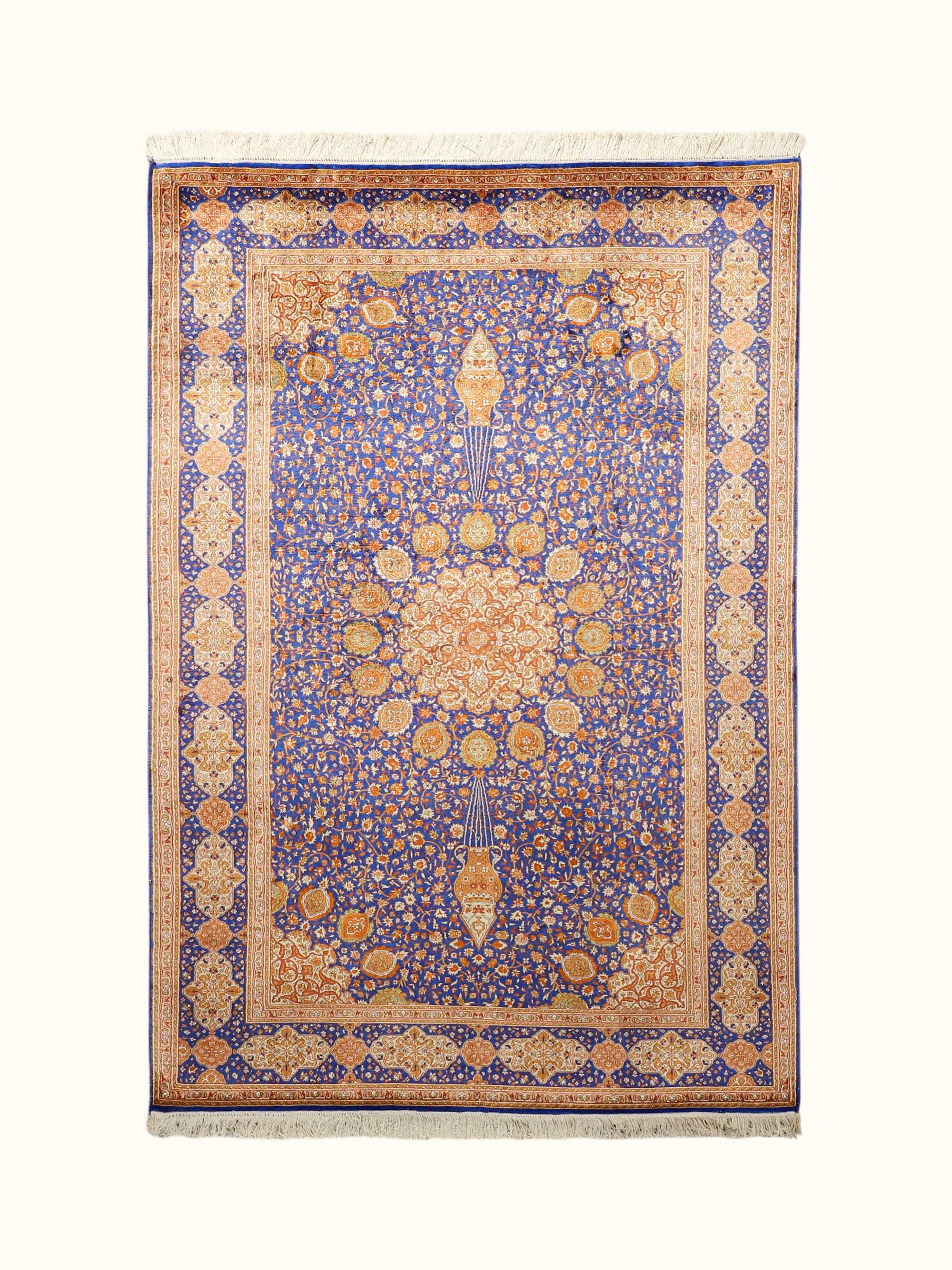 Traditional Persian Royal Blue Rust Ardabil Kashmir Silk Hand-Knotted Carpet