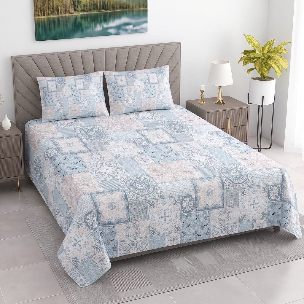 Cream Floral Cotton 400 Tc Flat Queen Size Bedsheet With 2 Pillow Covers