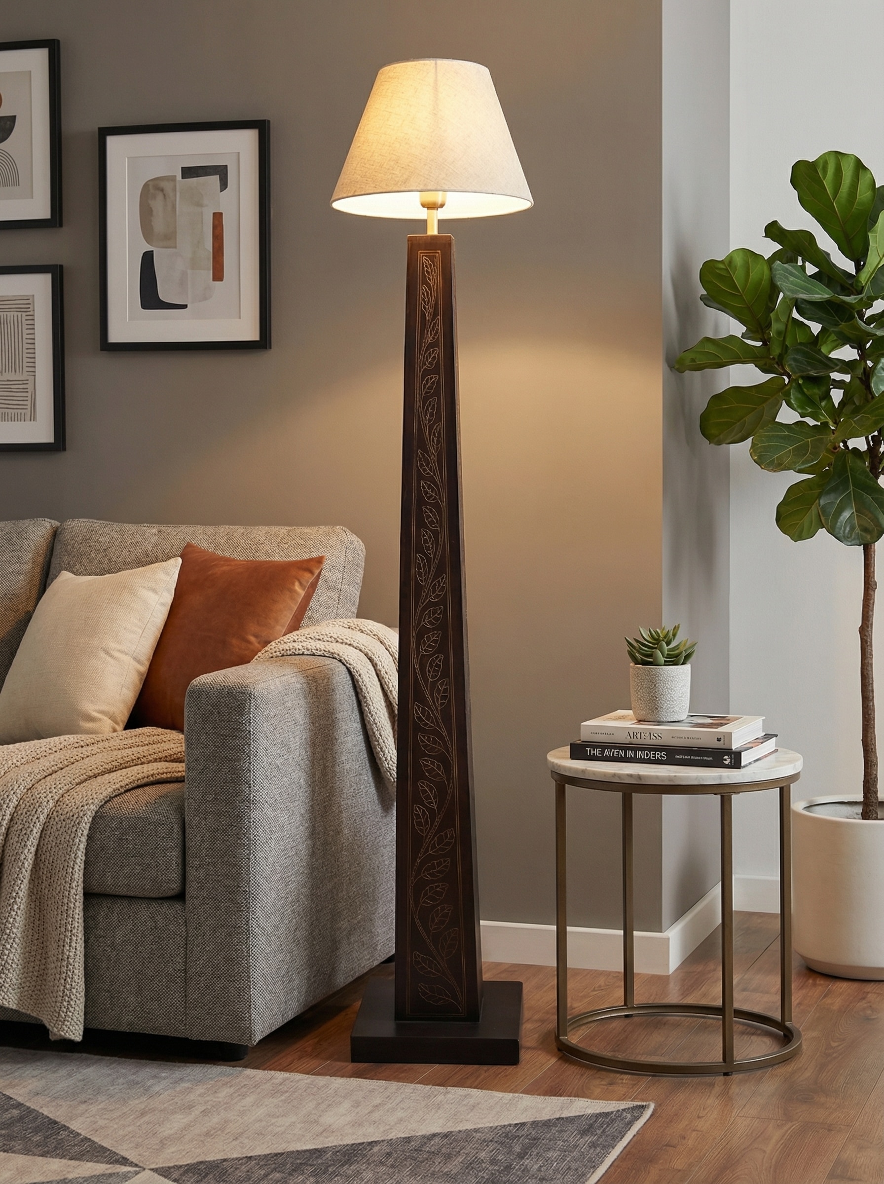 Lifestyle view of Tarkashi Sheesham Wood & Brass Led Floor Lamp