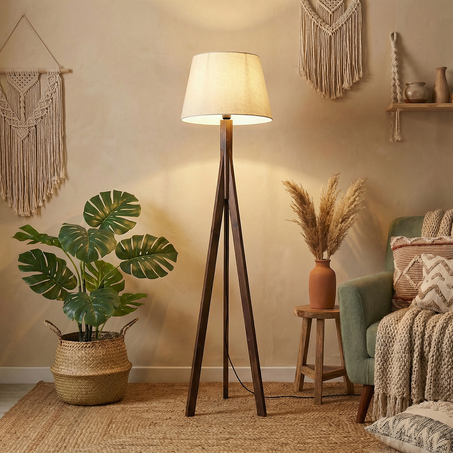 Triune Beige Jute Floor Lamp with Beige Jute Base
