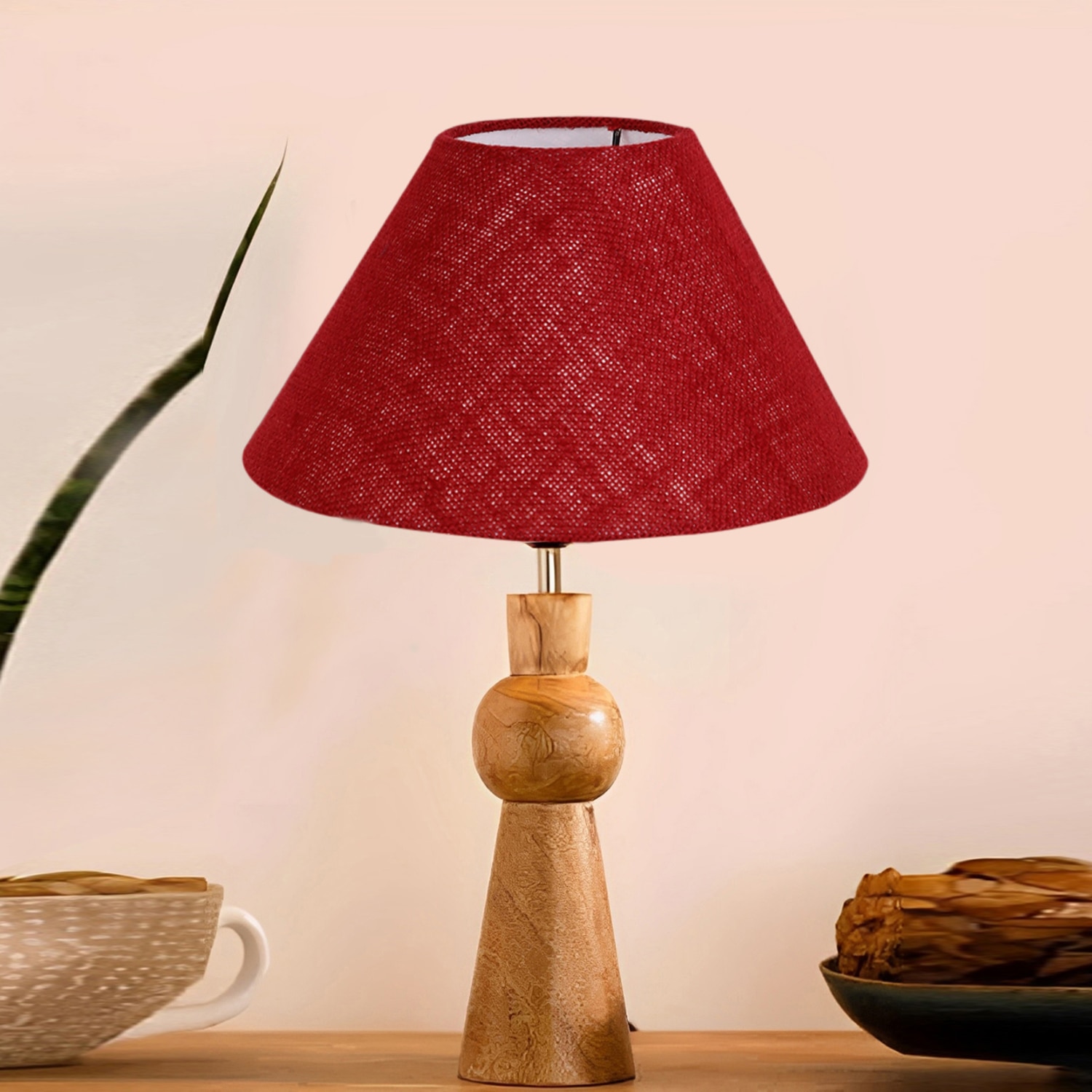 Devansh Maroon Jute Table Lamp With G Wood Natural Base (10X18 Inches)-36