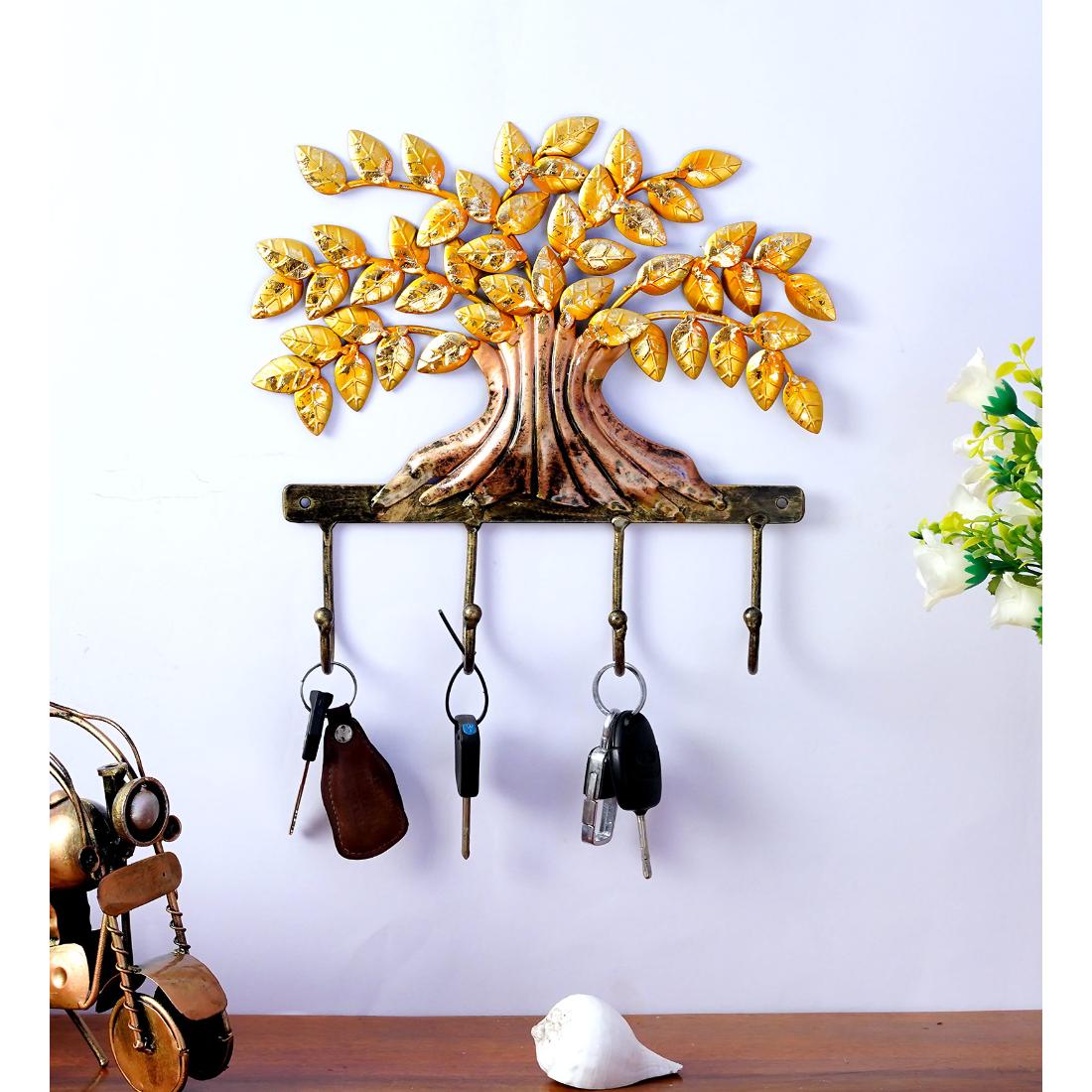Metal Handpainted Golden Tree Key Holder with 4 Hooks - Desert Art