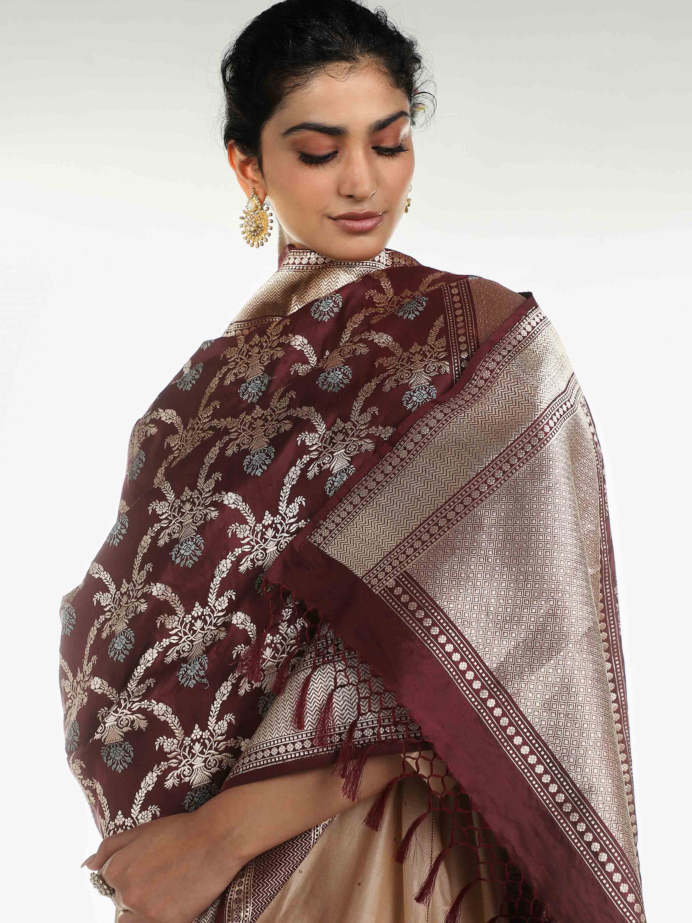 Side view of brown silk Banarasi dupatta showing border and motifs