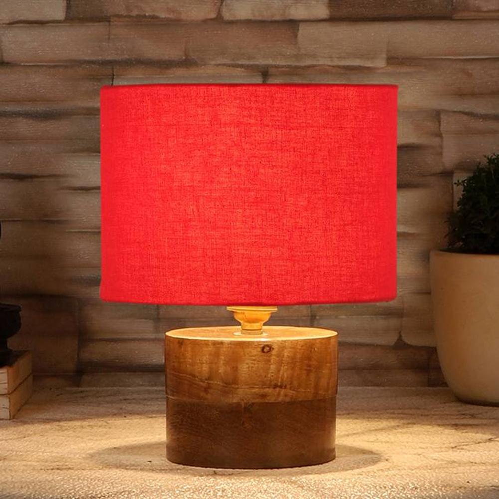 Cordelia Red cotton table lamp with Natural Wood Base